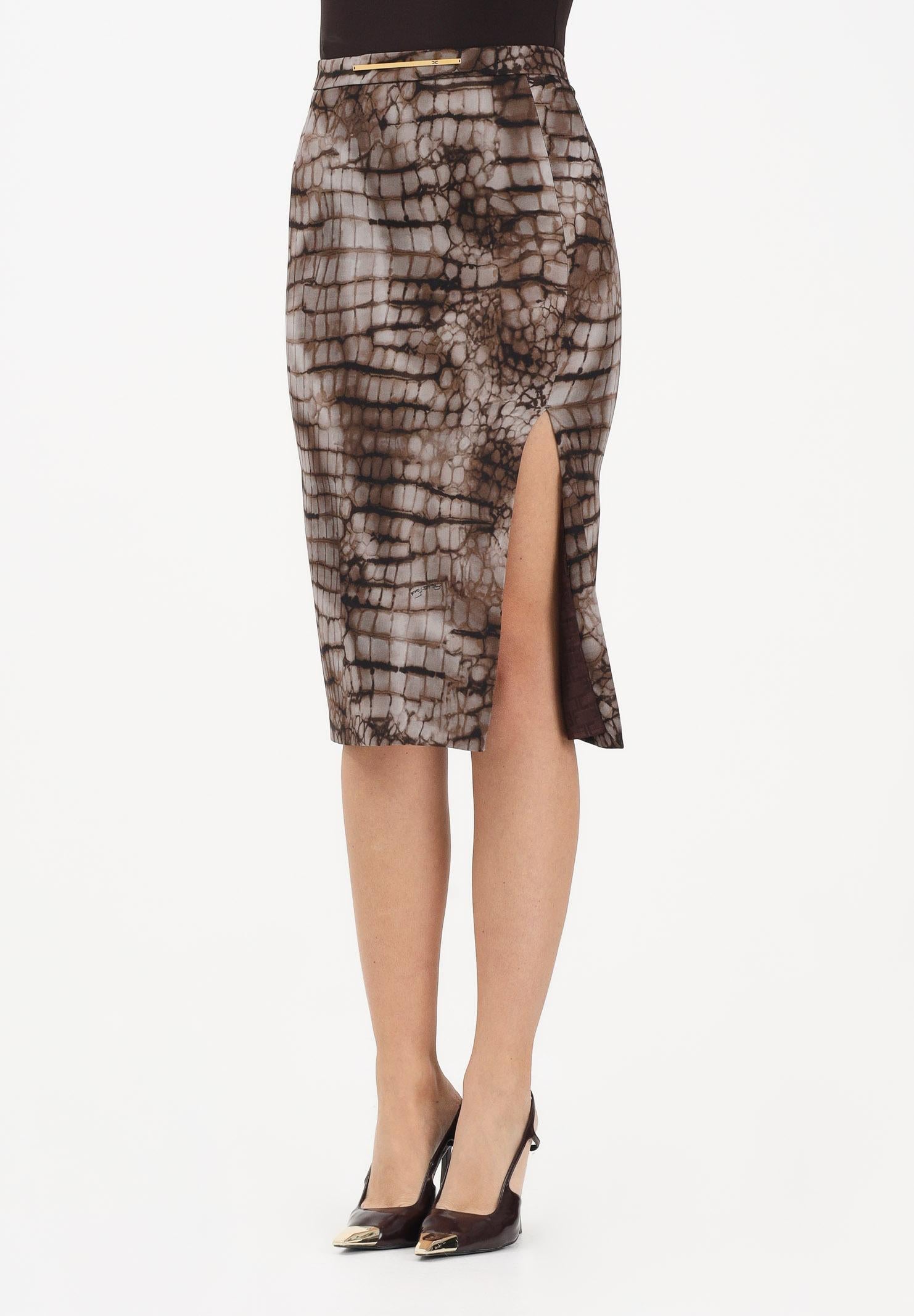 ELISABETTA FRANCHI Gonna midi cacao da donna con stampa alligatore<BR/> GO14961E2 644 ELISABETTA FRANCHI