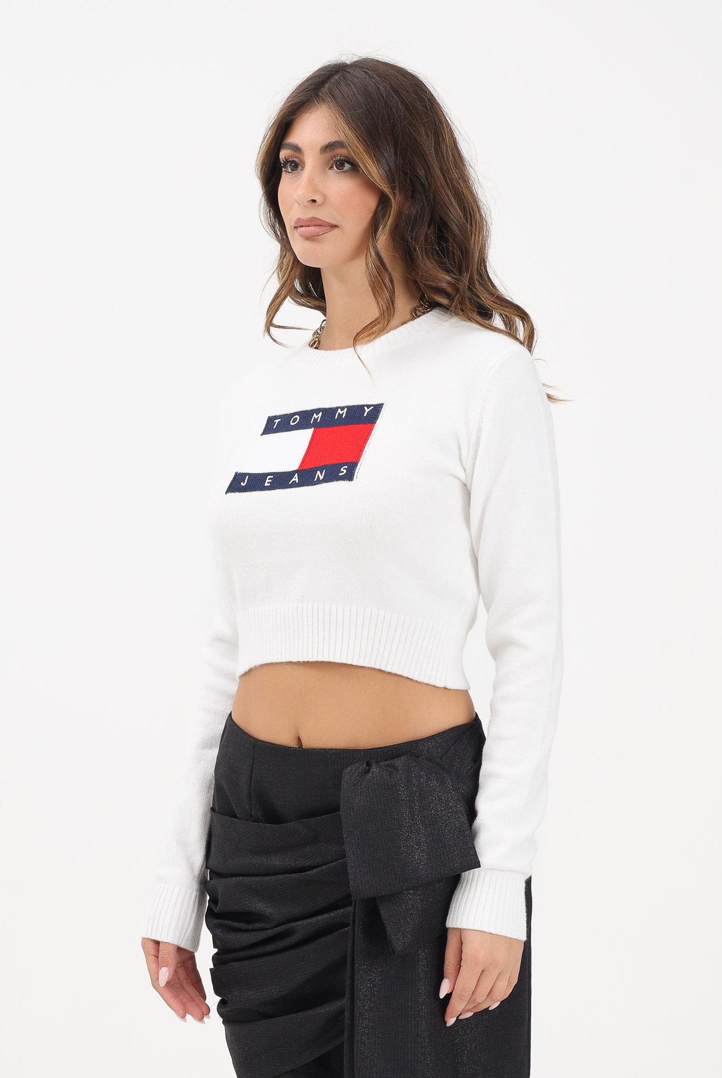 TOMMY JEANS Maglioncino girocollo panna da donna con logo DW0DW21690YBH TOMMY JEANS
