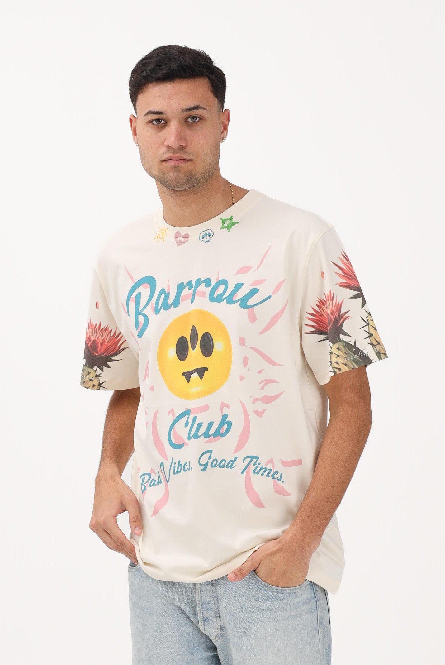 BARROW T-shirt a manica corta crema per uomo e donna con stampe S6BWUATH069 013 BARROW