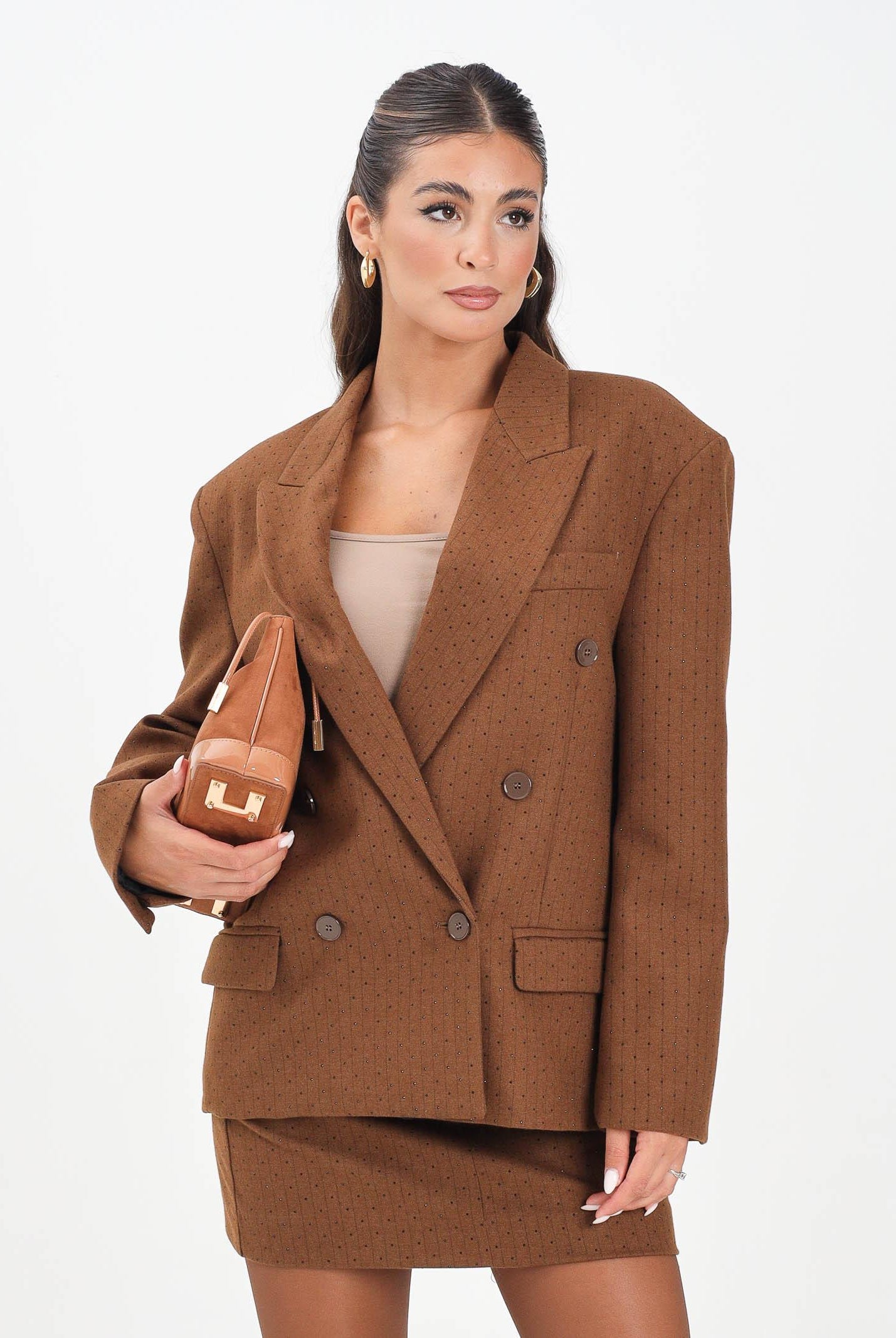 VICOLO Giacca doppiopetto cammello da donna con motivo gessato e strass TF0258 FFCU VICOLO