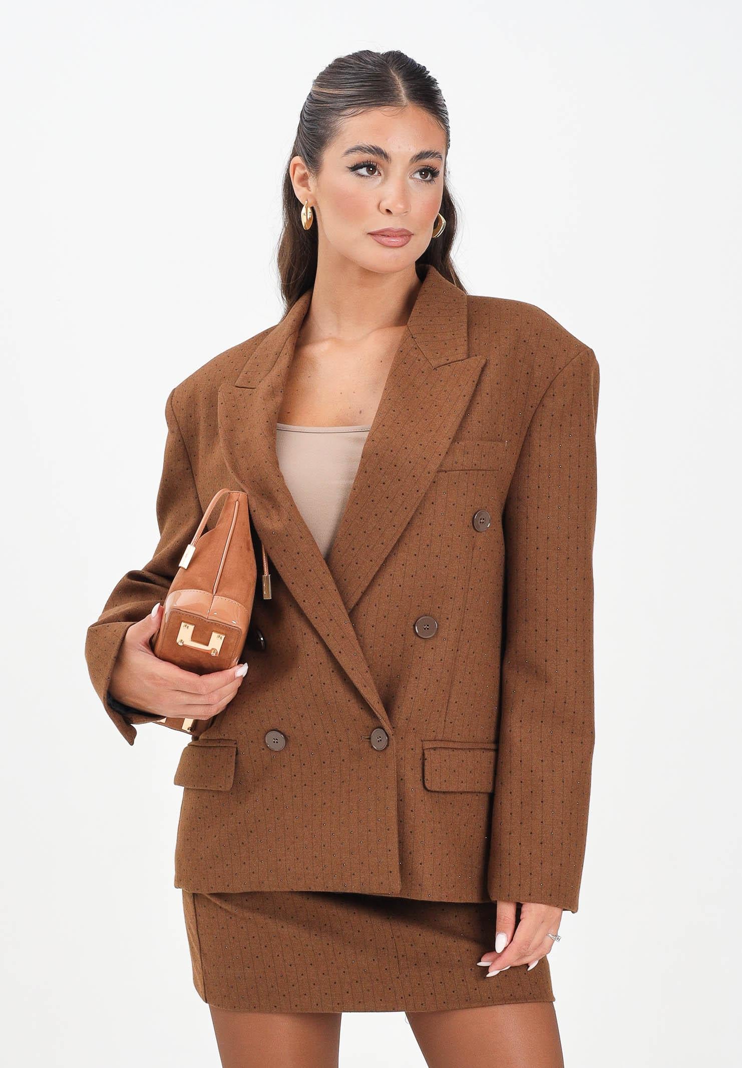 VICOLO Giacca doppiopetto cammello da donna con motivo gessato e strass TF0258 FFCU VICOLO