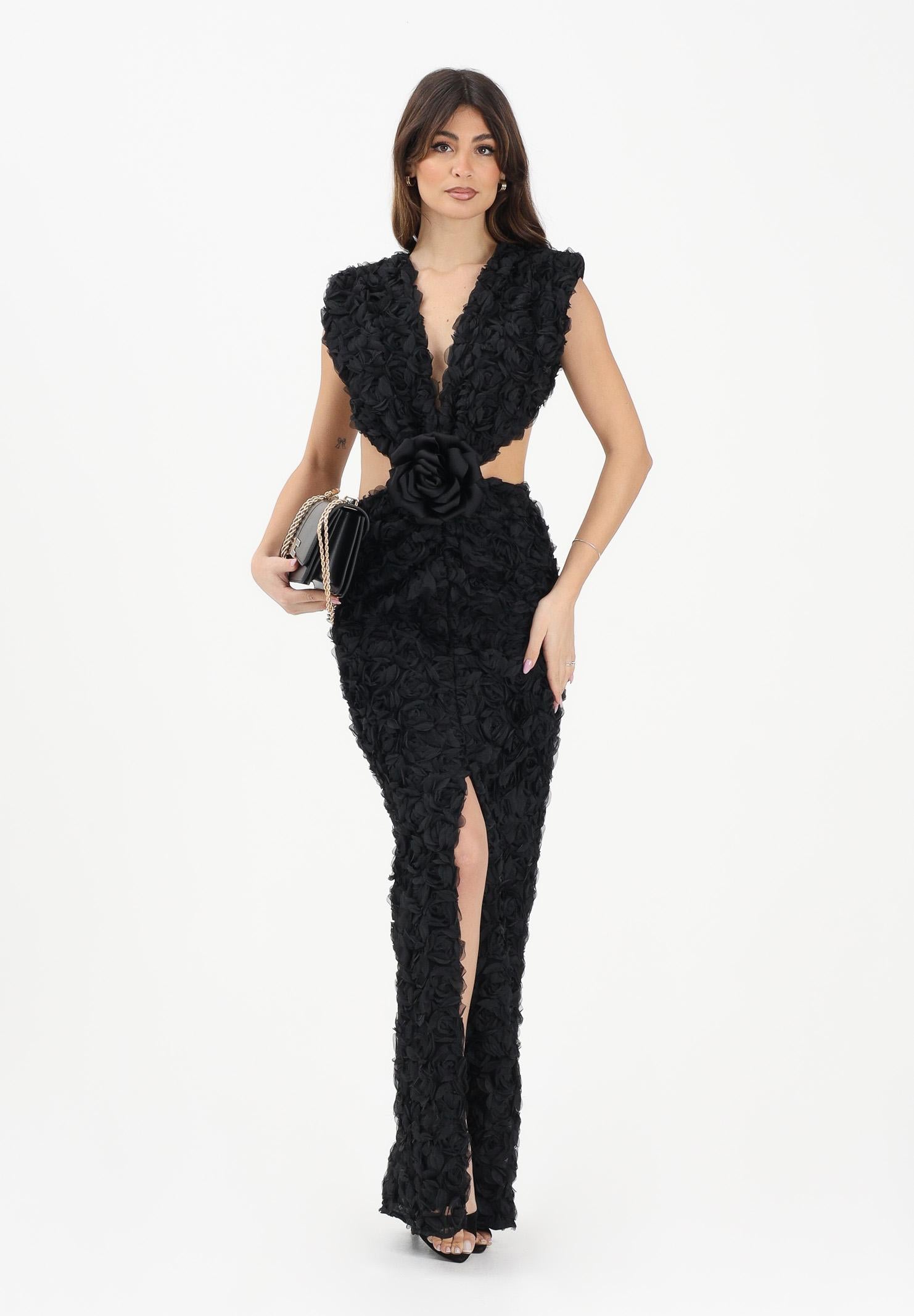SHIT Abito lungo nero da donna con motivo di rosette in rilievo 3D SH26026 NE SHIT