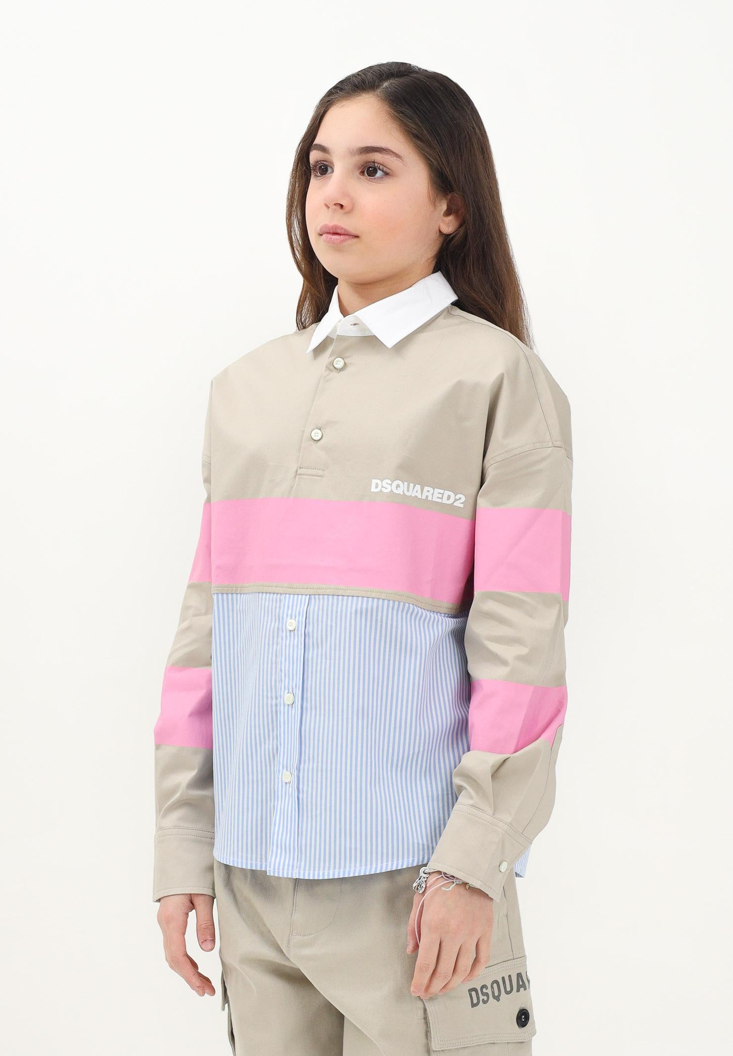 DSQUARED2 Camicia a manica lunga beige per donna e bambina con stampa logo e inserti a contrasto DQ2772D0AC3 DQC14 DSQUARED2
