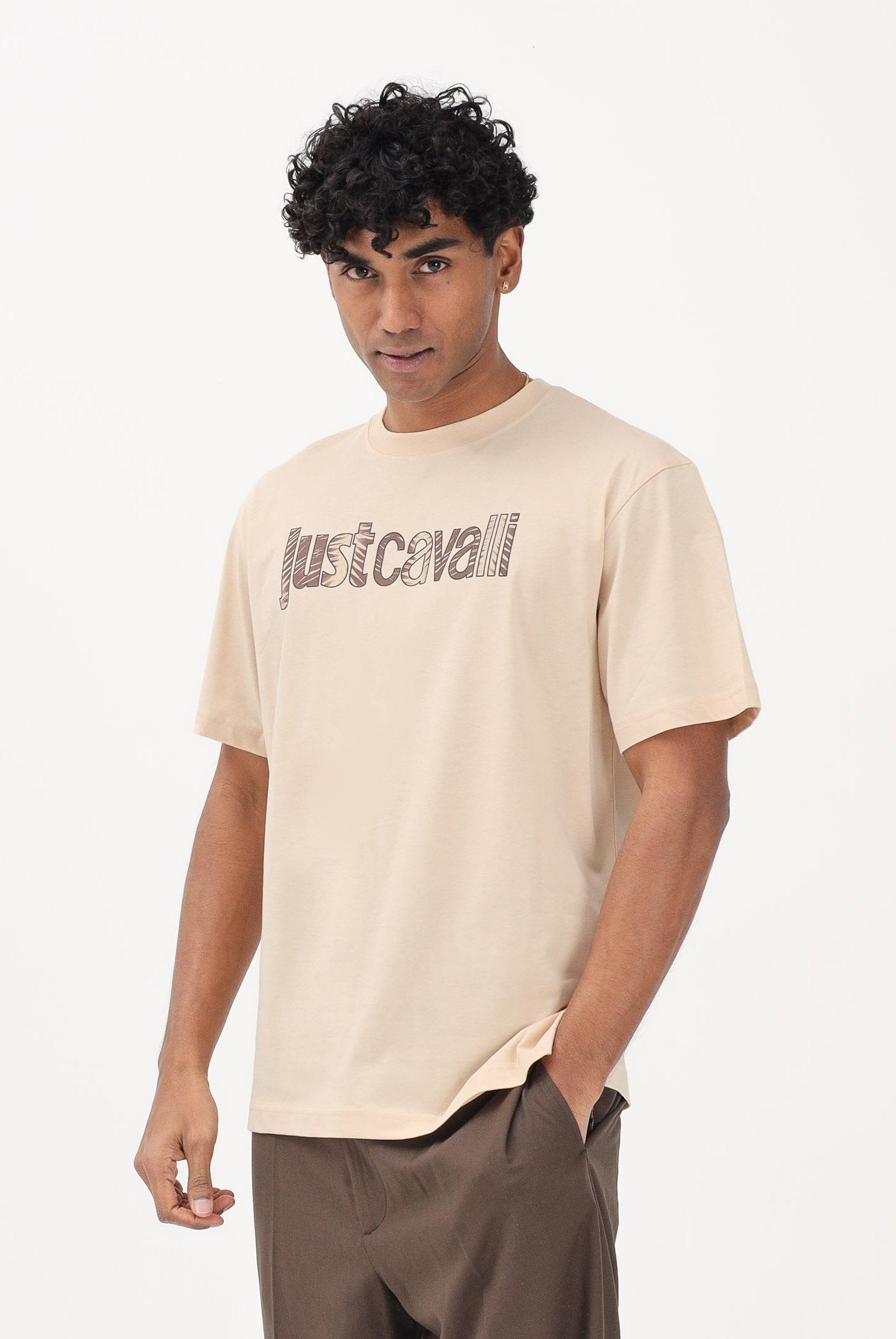 JUST CAVALLI T-shirt a manica corta beige da uomo con logo 80OAHT03CJ500 774 JUST CAVALLI