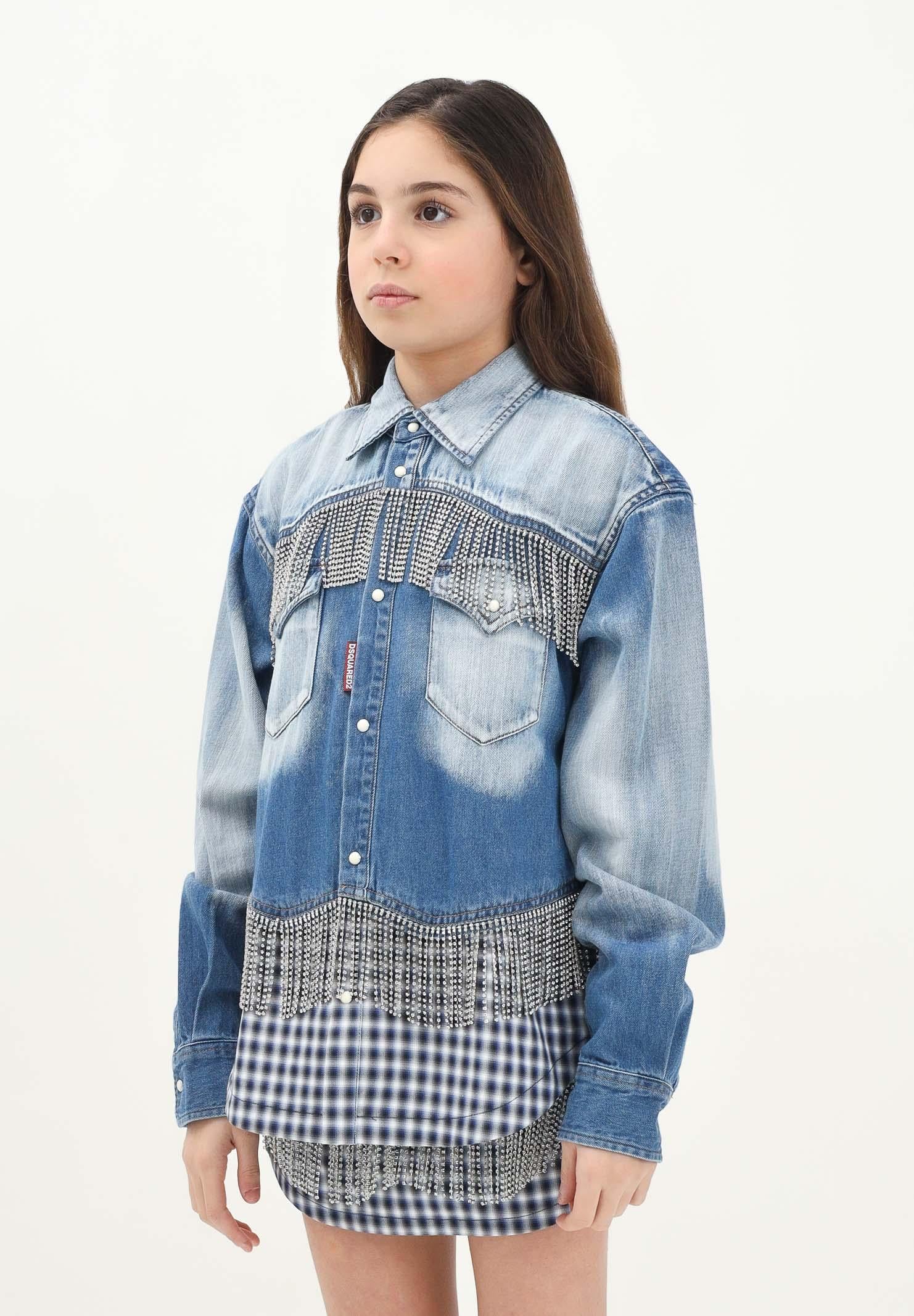 DSQUARED2 Camicia a manica lunga in denim blu per donna e bambina con inserti in tessuto e strass DQ2835D0ACG DQ01 DSQUARED2
