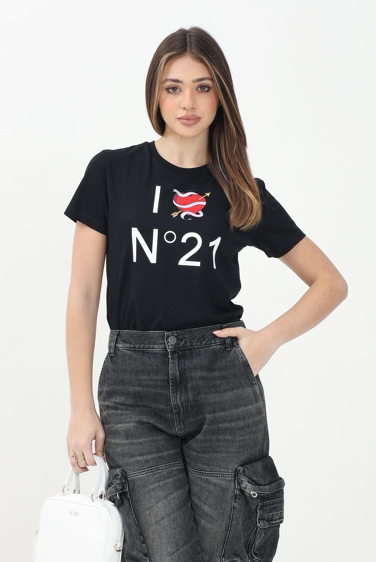 N21 T-shirt a manica corta nera per donna, ragazze e bambine con grafica I love N21 N2102CN0153 0N900 N21