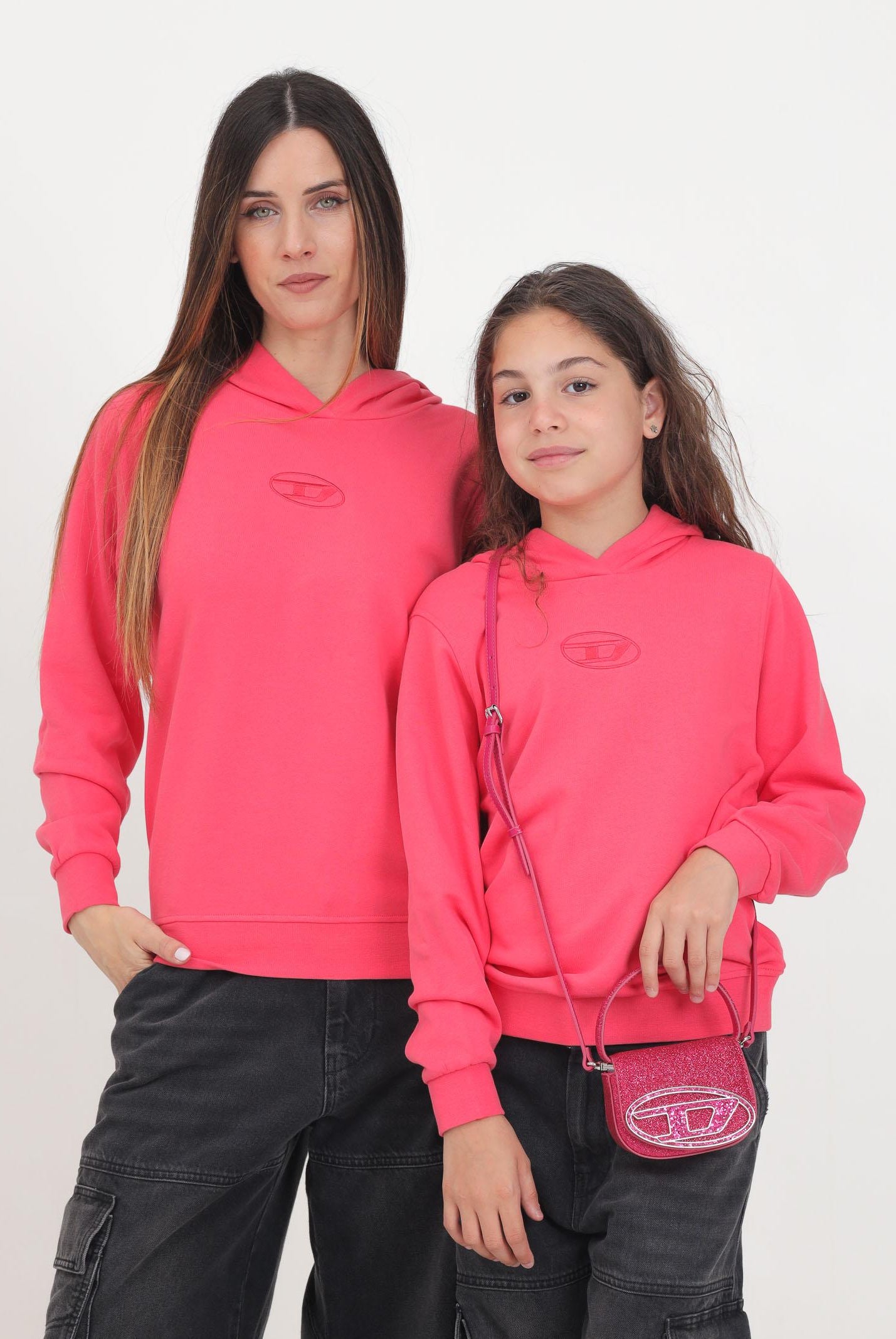 Felpa con cappuccio rosa per donna e bambina con logo Oval D ricamato J02014KYAX3 K384 DIESEL