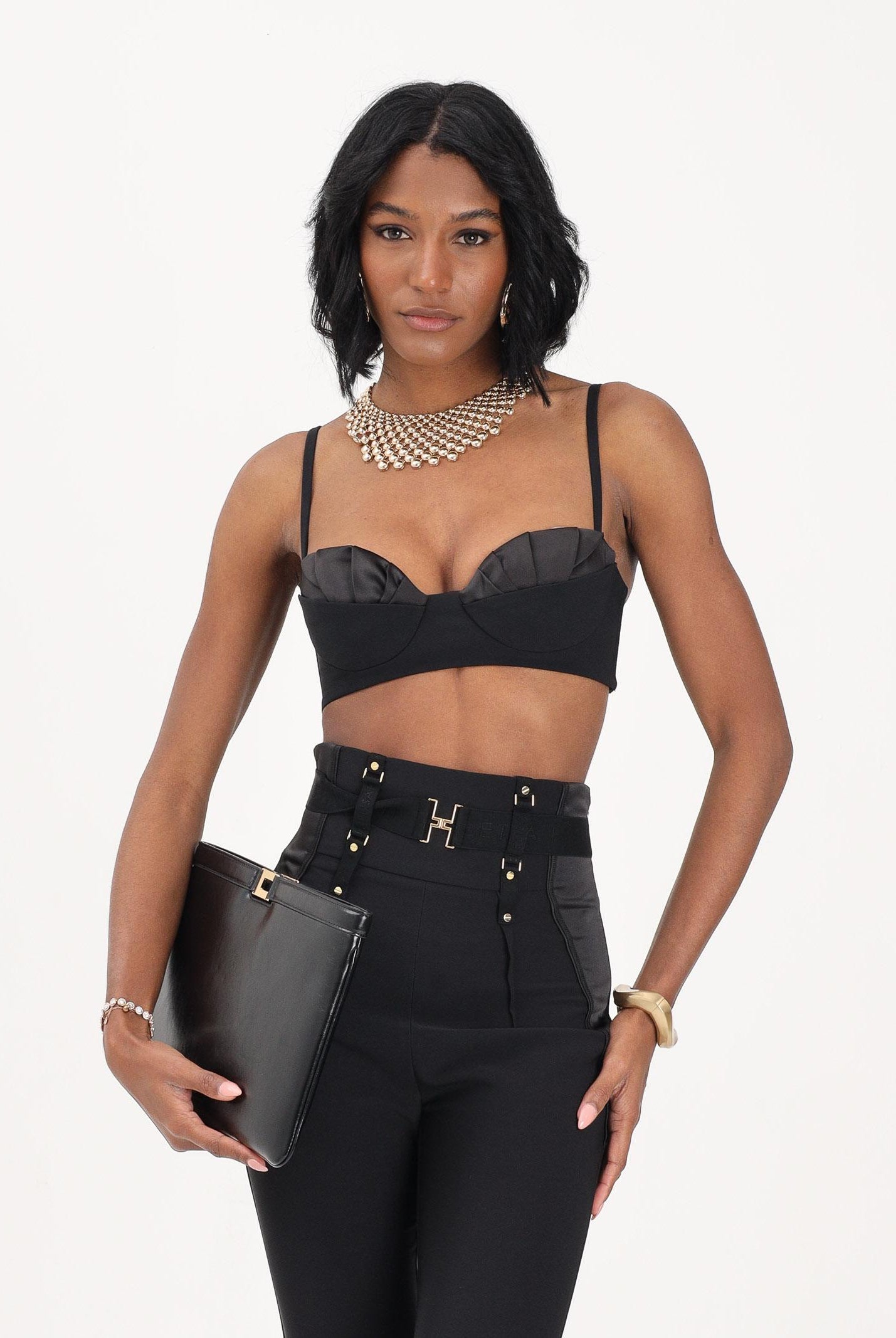 ELISABETTA FRANCHI Top nero da donna in crêpe leggero e raso RG01562E2 110 ELISABETTA FRANCHI