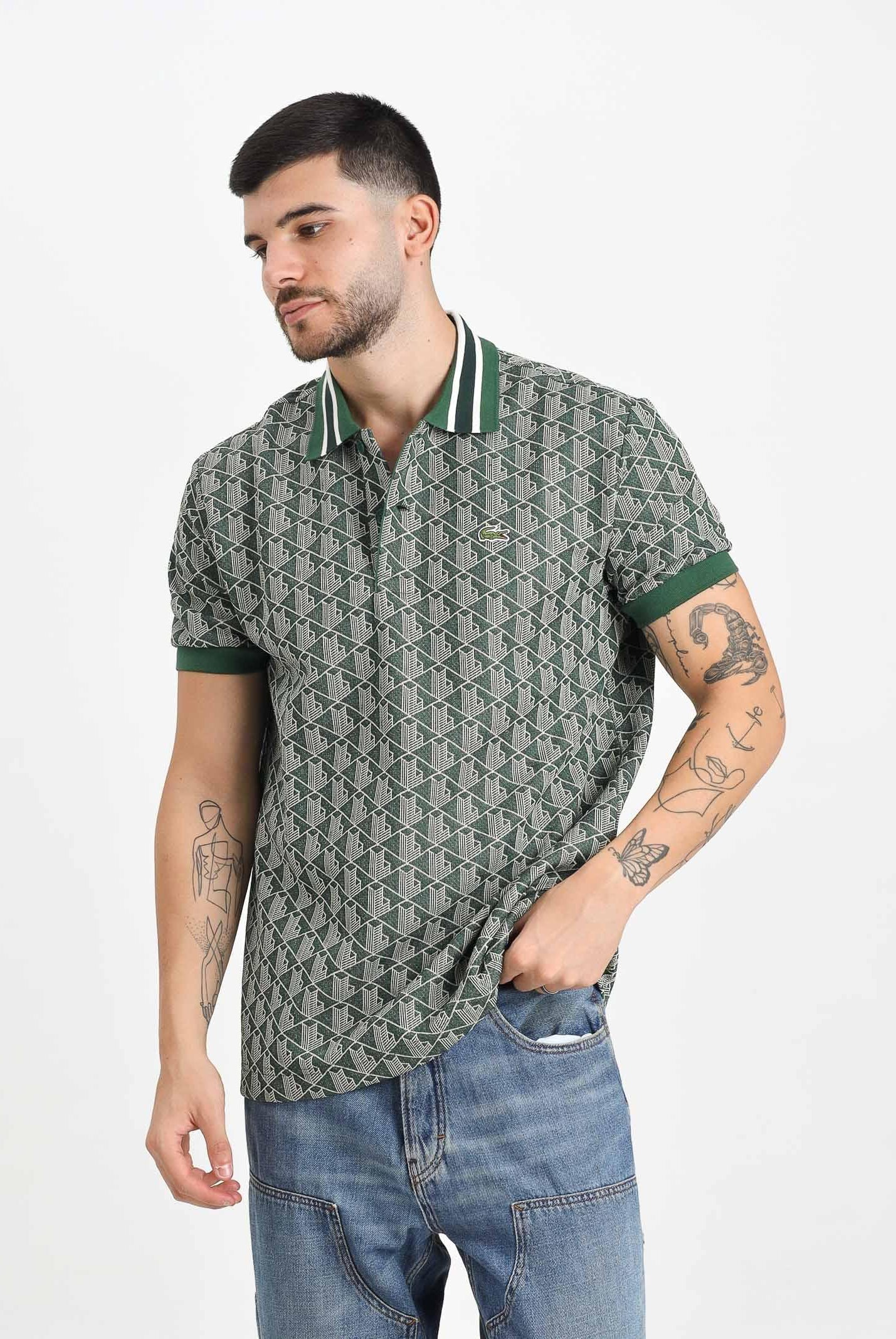 LACOSTE Polo a manica corta verde da uomo in jacquard con monogramma DH1417 D1R LACOSTE