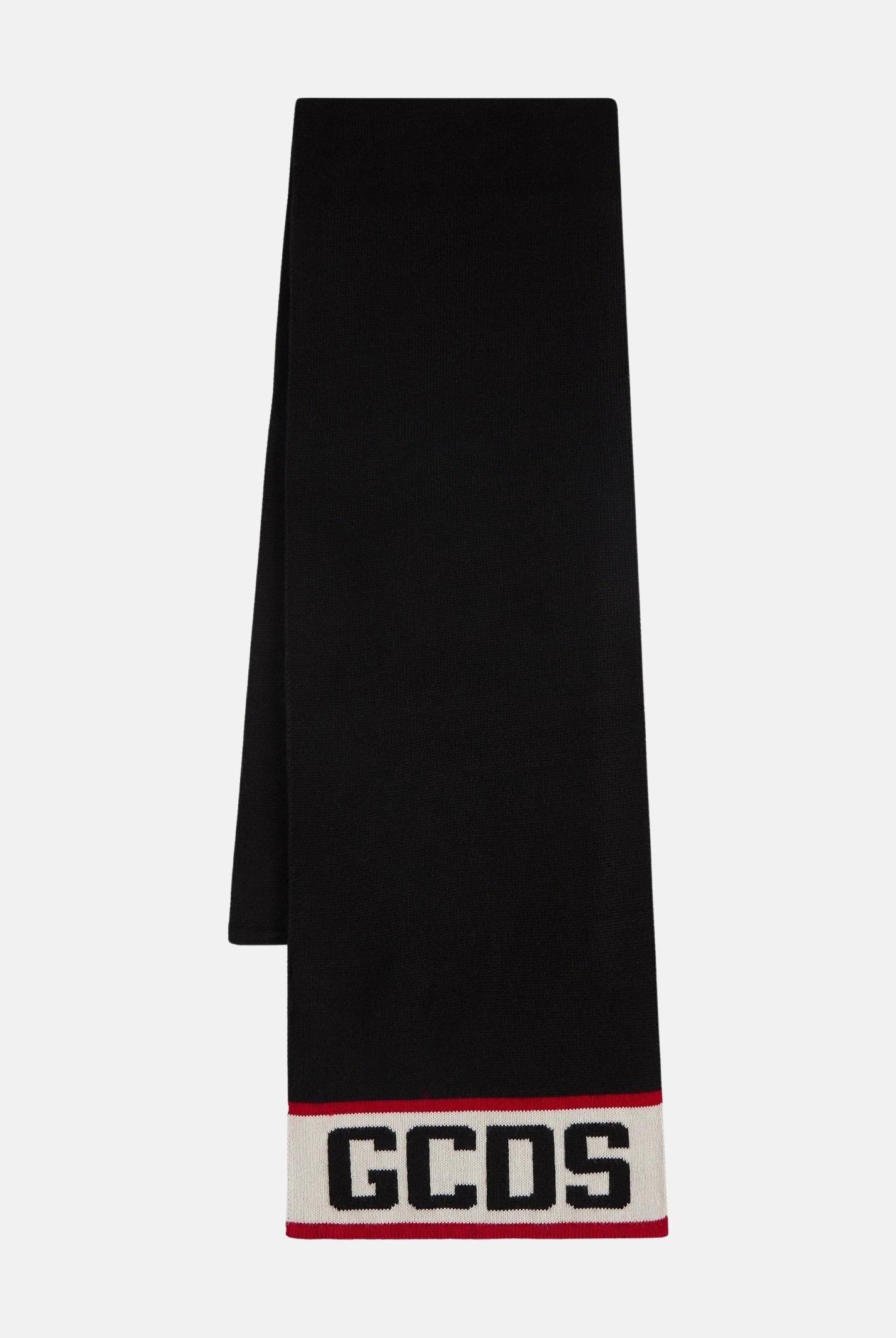 GCDS sciarpa nera per uomo o donna con banda centrale e logo a contrasto B2CU5901K19 99 GCDS