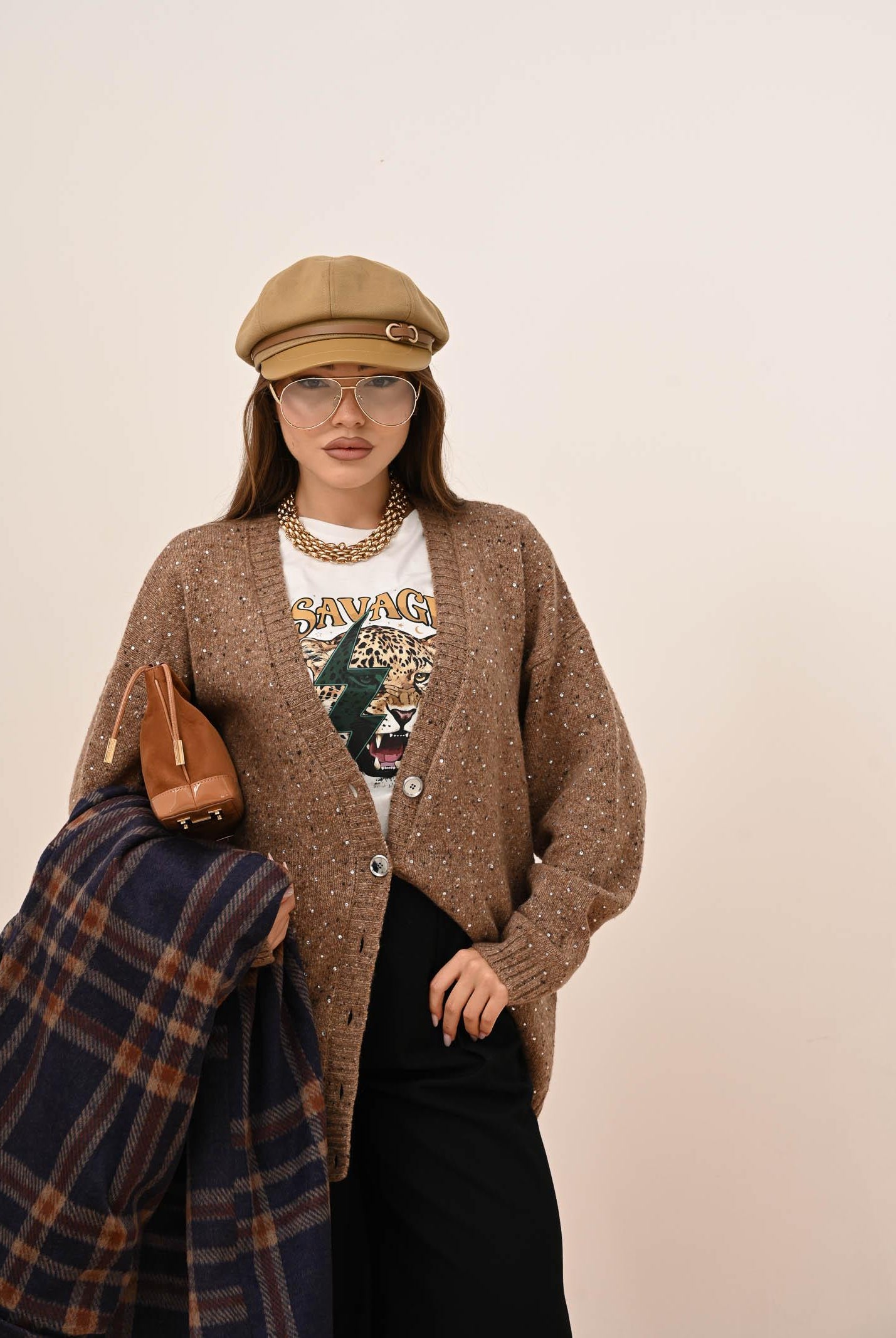 PINKO Cardigan beige da donna in tessuto bouclé con strass 105739A2U4 C3Z PINKO