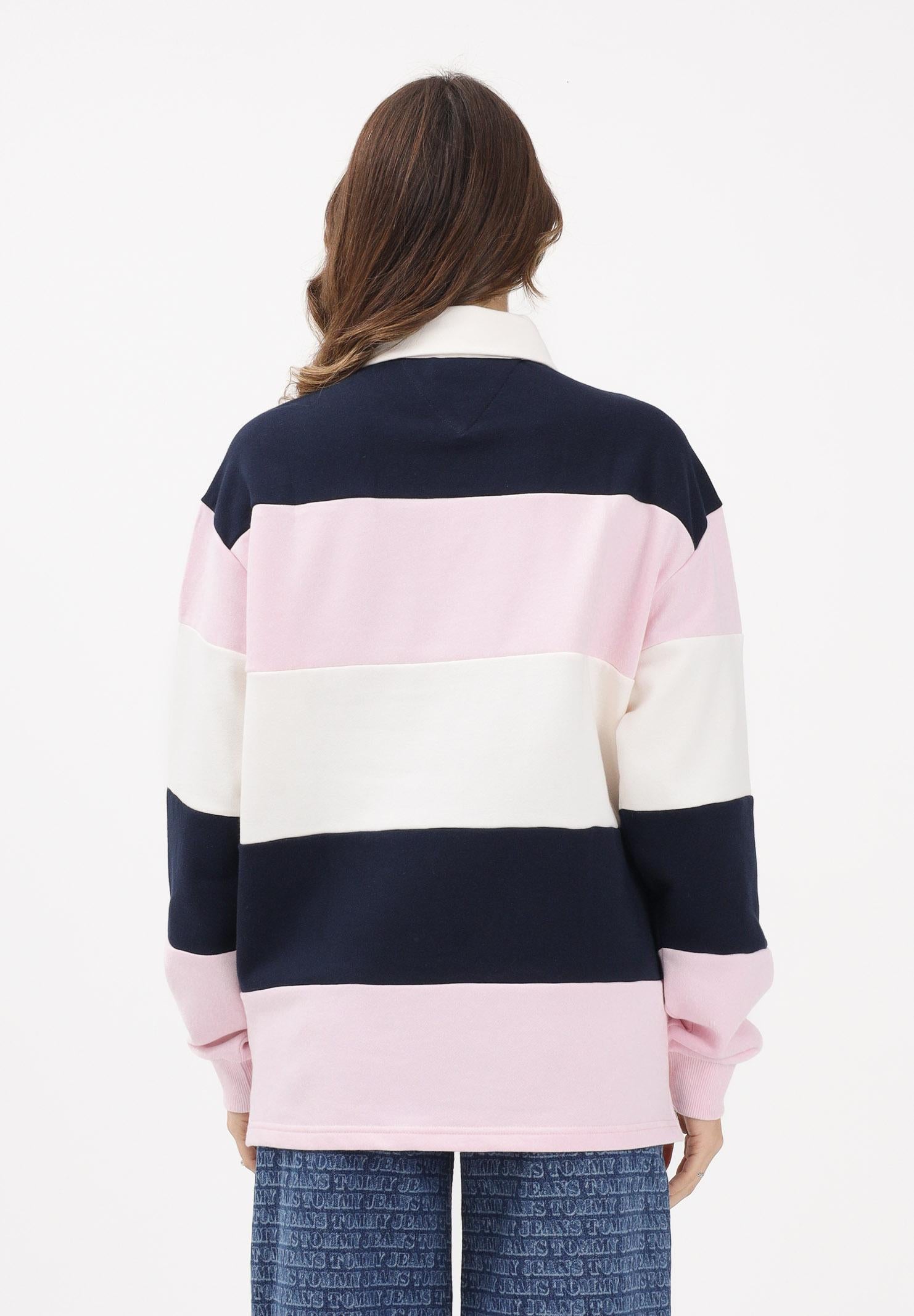 TOMMY JEANS Felpa stile polo da donna con motivo a righe blu, rosa e panna DW0DW21927 TOG TOMMY JEANS
