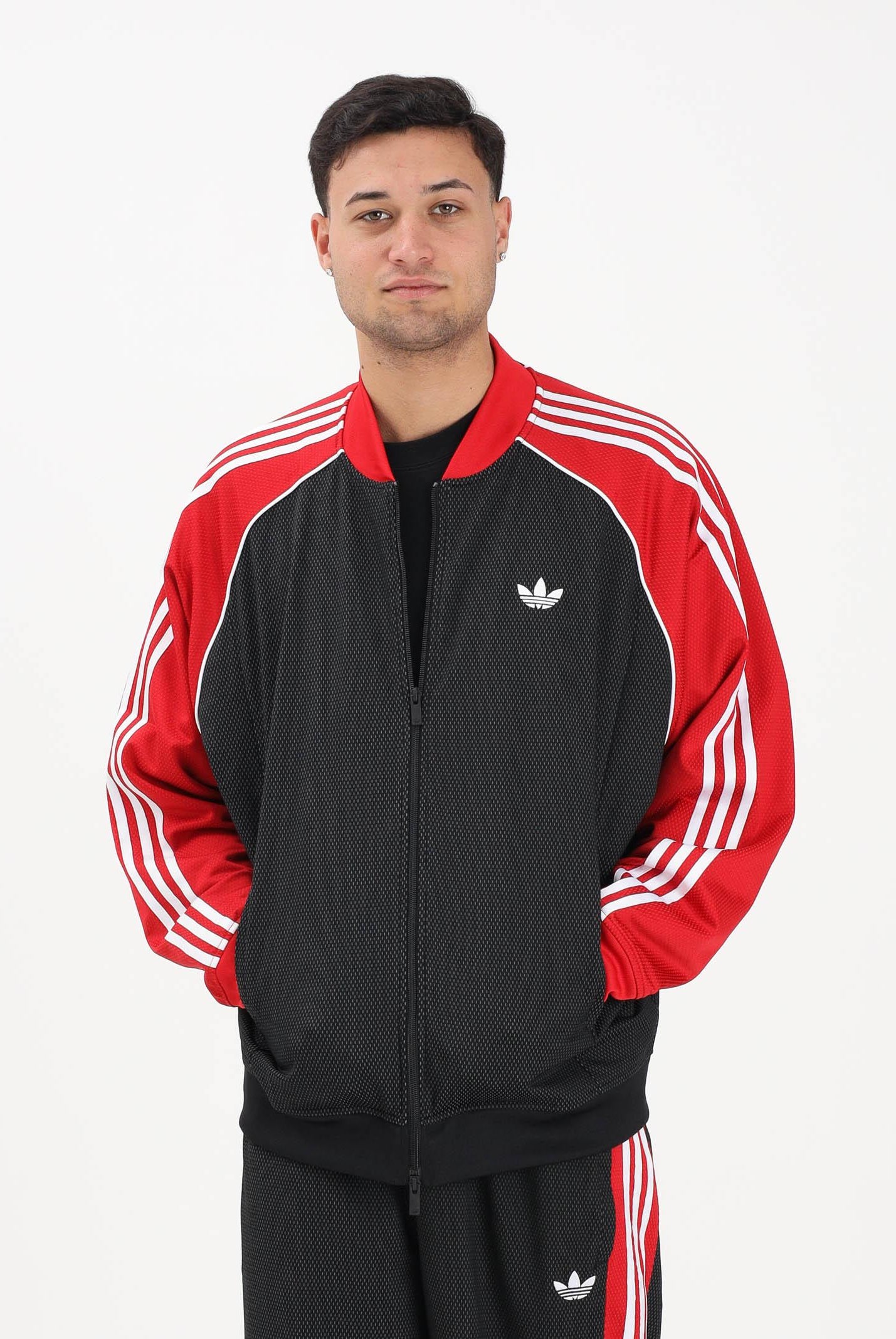 ADIDAS ORIGINALS Felpa con zip SST LOOSE MESH nera e rossa da uomo KE0115 . ADIDAS ORIGINALS