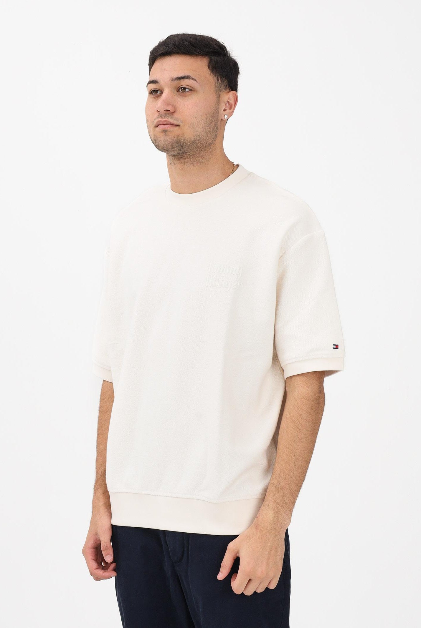 TOMMY HILFIGER T-shirt a manica corta panna da uomo con ricamo logo MW0MW41430 Z00 TOMMY HILFIGER