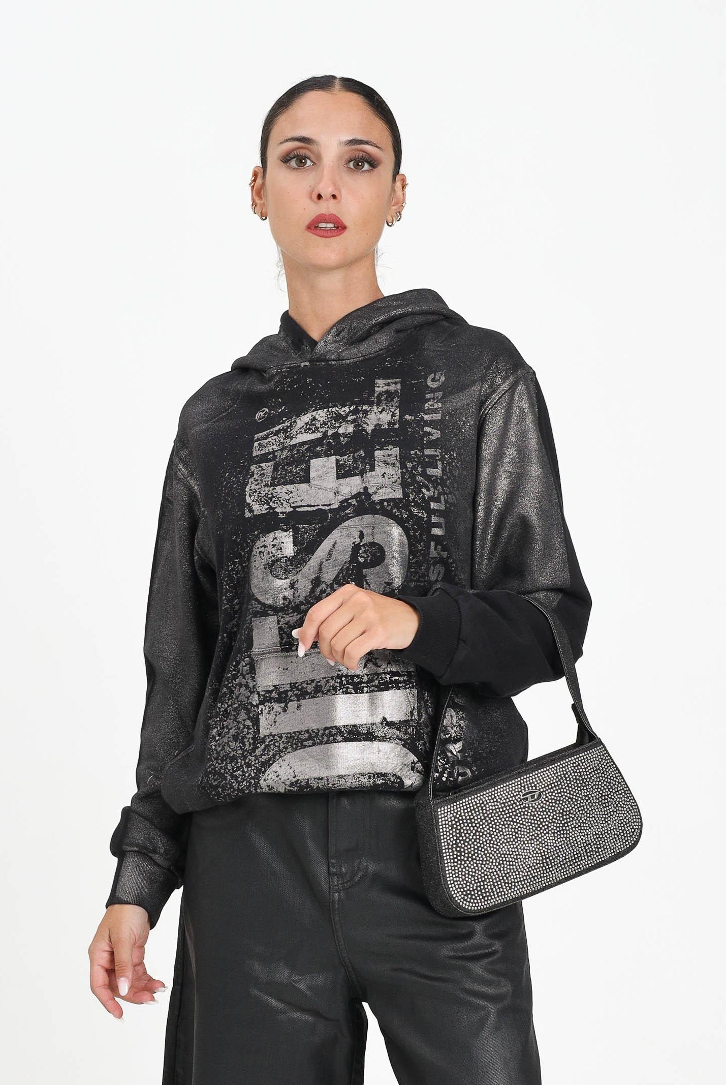 DIESEL Felpa con cappuccio nera per donna, ragazzi e bambini dal look vissuto J02492KYAZU K900 DIESEL