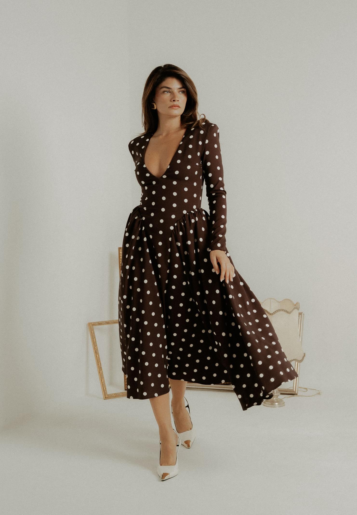 SANTAS Abito midi DOUCEUR marrone da donna con pois panna PV2603 POPA SANTAS