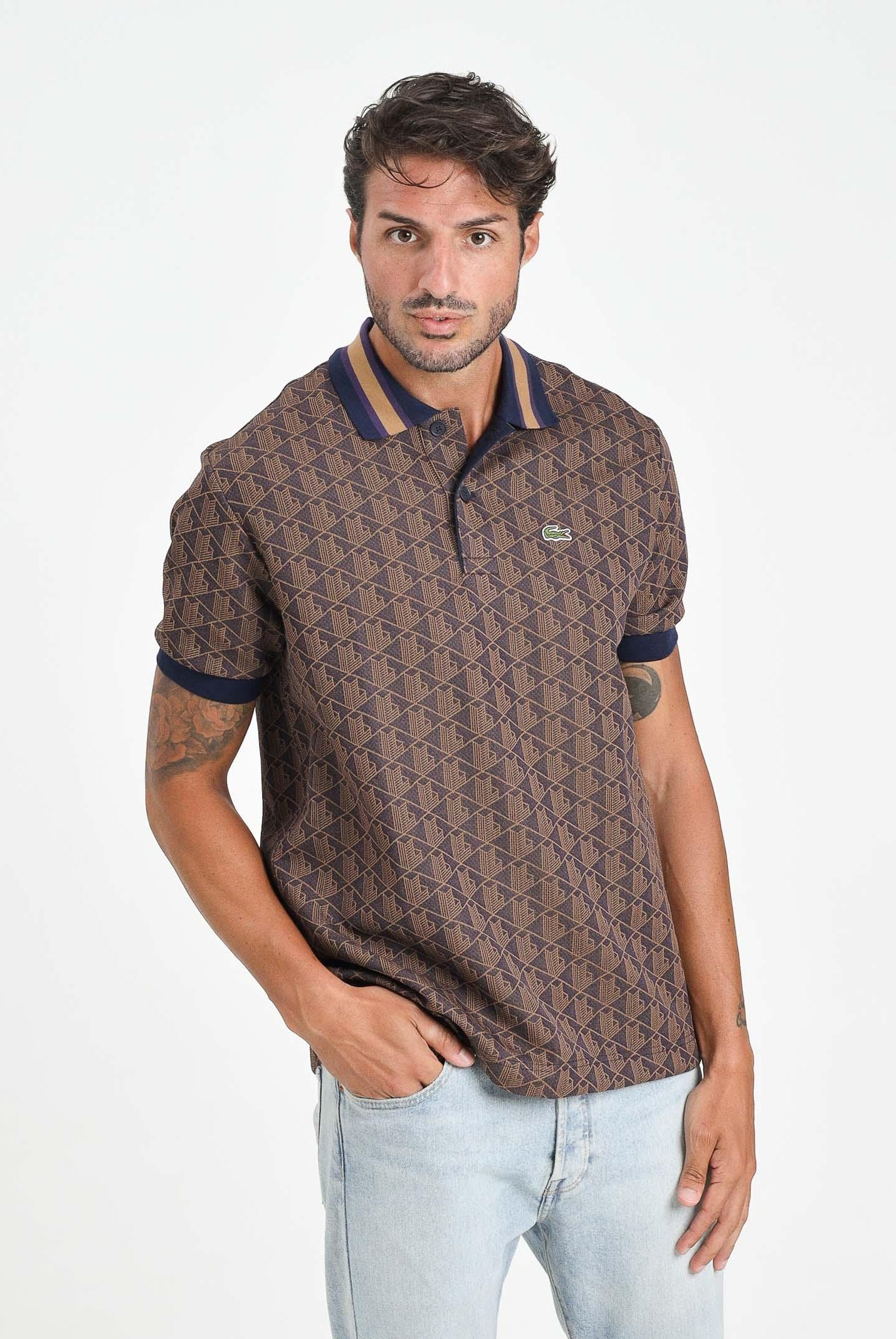 LACOSTE Polo a manica corta marrone da uomo in jacquard con monogramma DH1417 9I4 LACOSTE