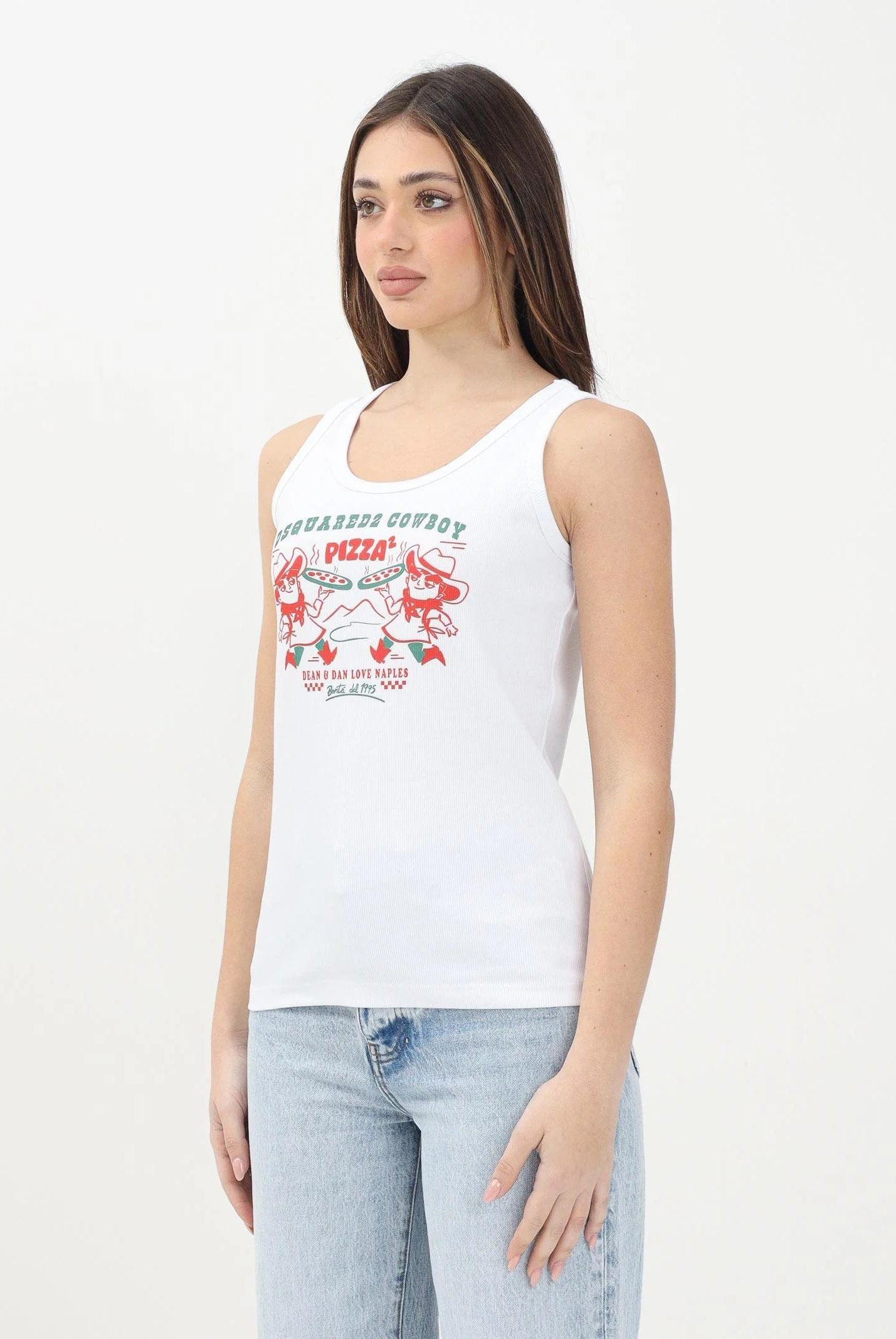 DSQUARED2 Canotta bianca per donna, ragazzi e bambini con grafica Cowboy Pizza DQ2974D0A2C DQ100 DSQUARED2