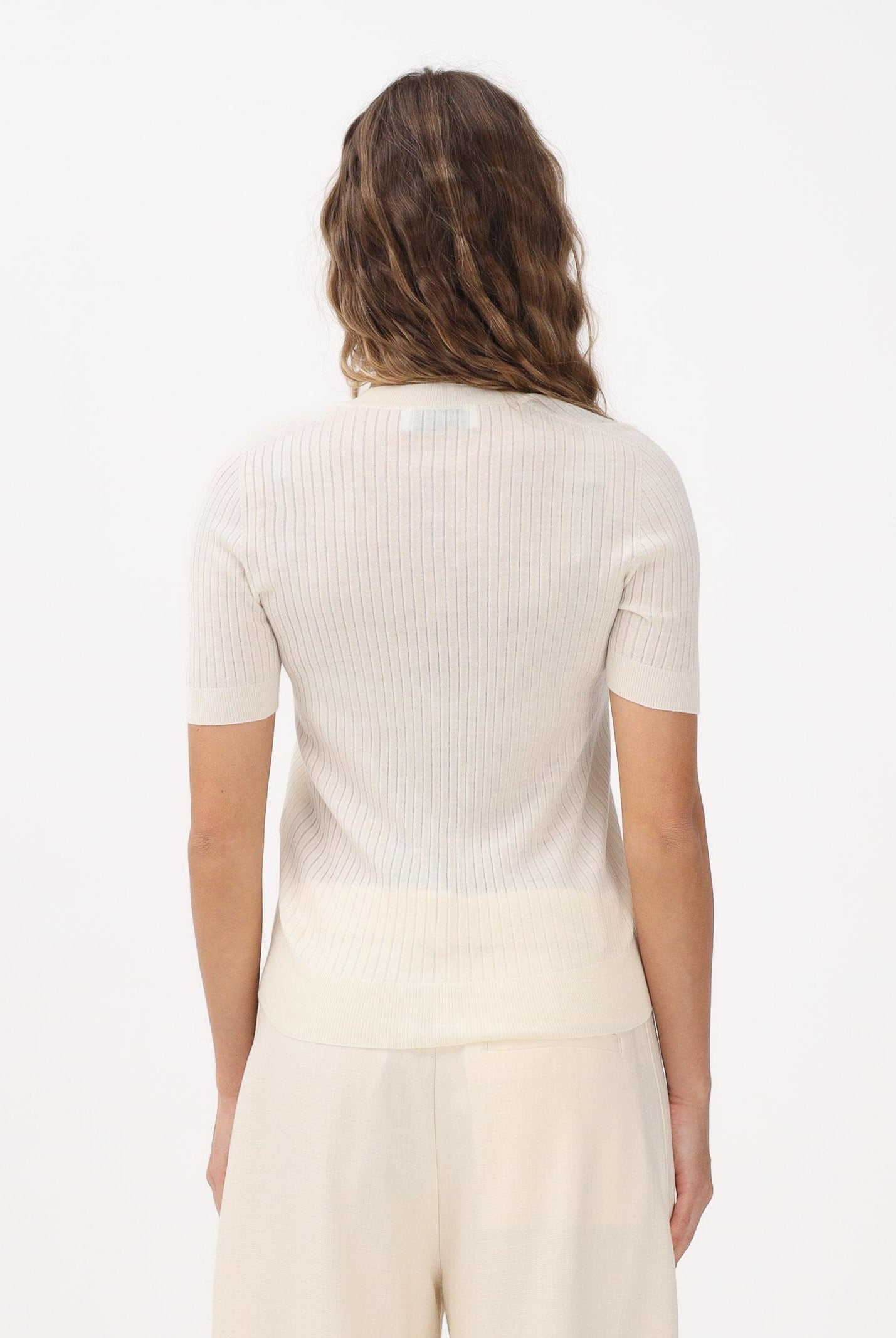 LACOSTE Maglia a manica corta panna da donna in lana merinos a coste AF4146 70V LACOSTE