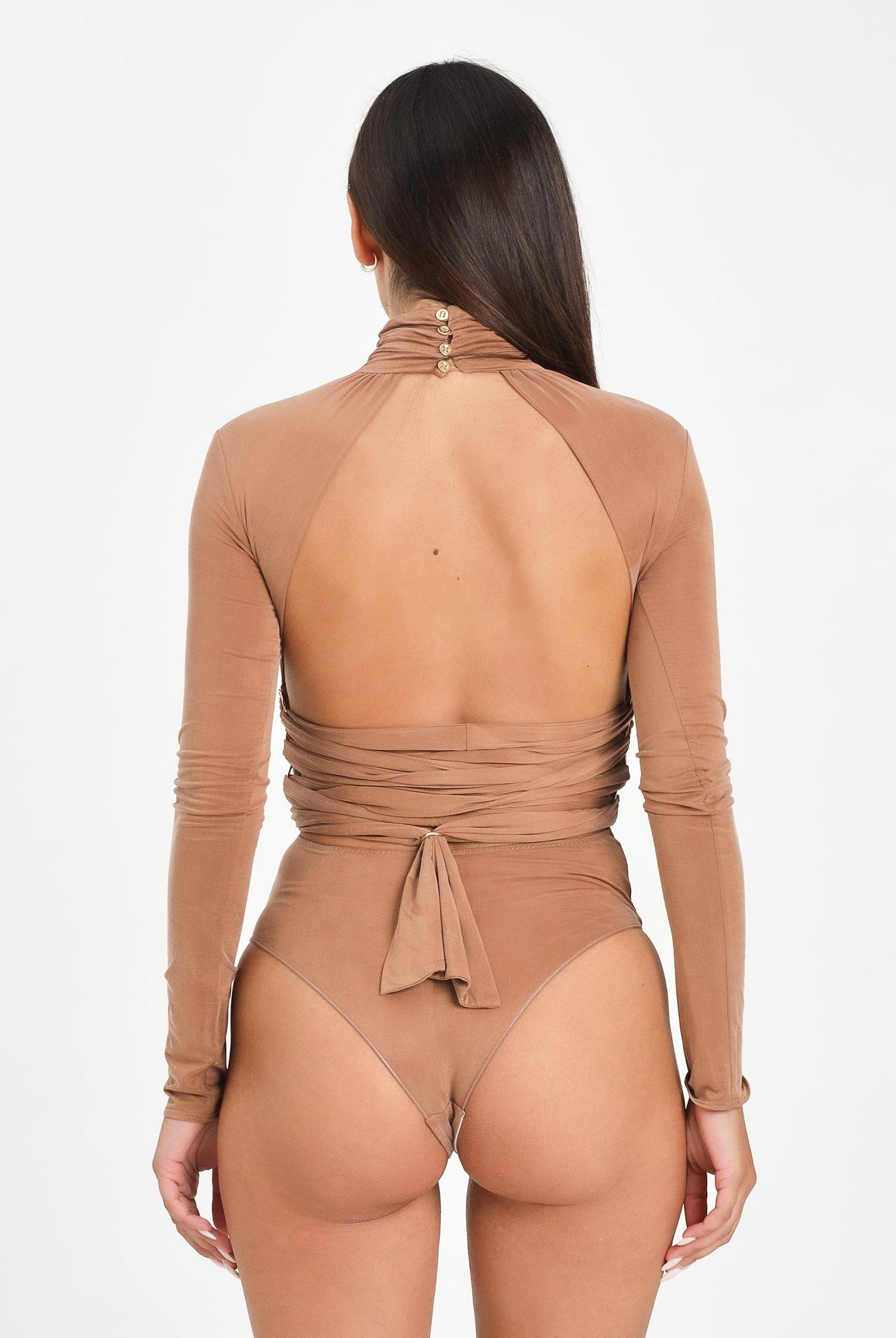 ELISABETTA FRANCHI Body manica lunga cammello da donna con nastri criss-cross<BR/> BO00856E2 EC1 ELISABETTA FRANCHI