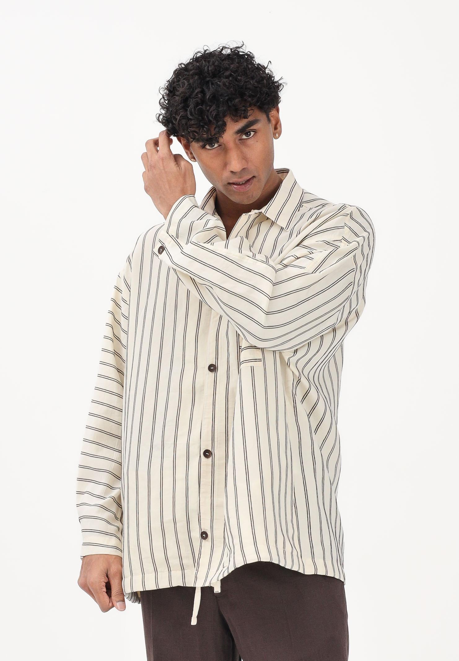 I'M BRIAN Camicia a manica lunga crema da uomo con motivo a righe marroni CA3636 0025 I'M BRIAN