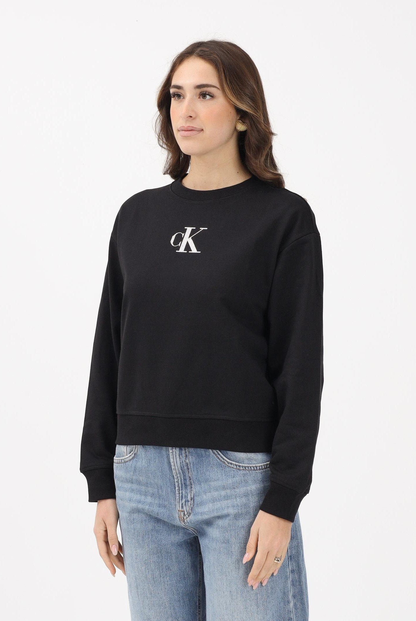 CALVIN KLEIN JEANS Felpa girocollo nera da donna con logo LV047E828GUB1 . CALVIN KLEIN JEANS