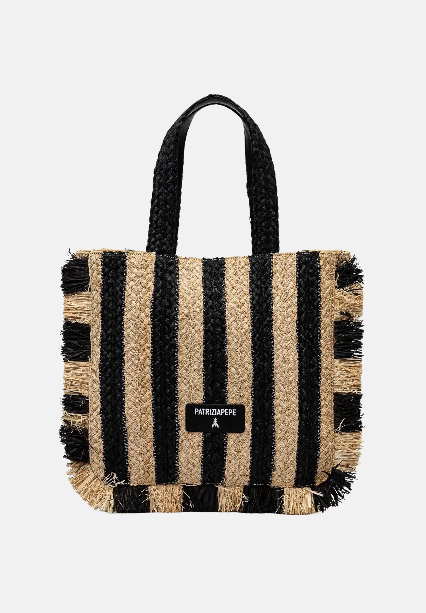 PATRIZIA PEPE Borsa mare da donna caratterizzata da un vivace design a righe verticali nere e beige 2B0135V004 FE22 PATRIZIA PEPE