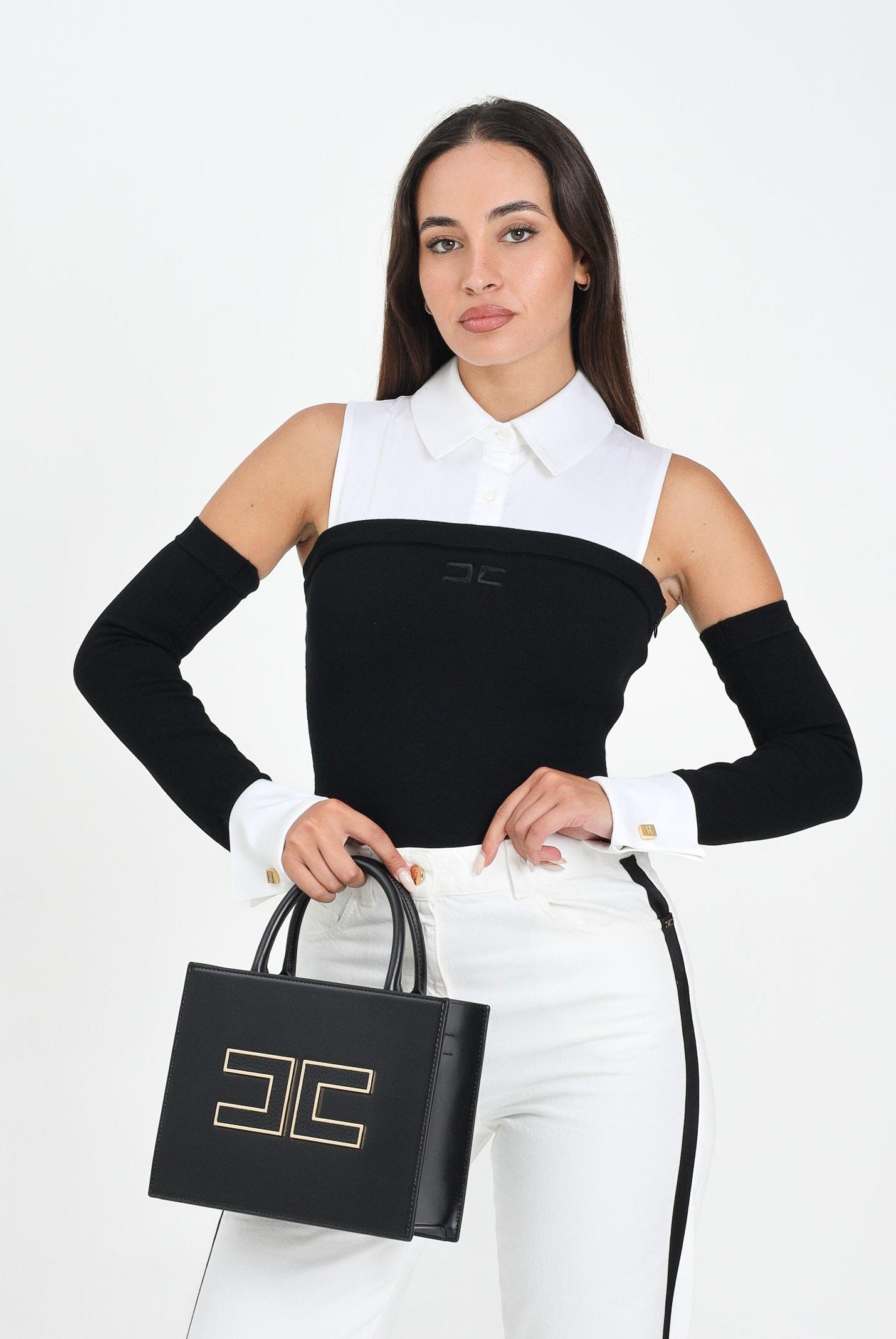 ELISABETTA FRANCHI Body manica lunga bianco e nero da donna con effetto camicia BK74T56E2 222 ELISABETTA FRANCHI