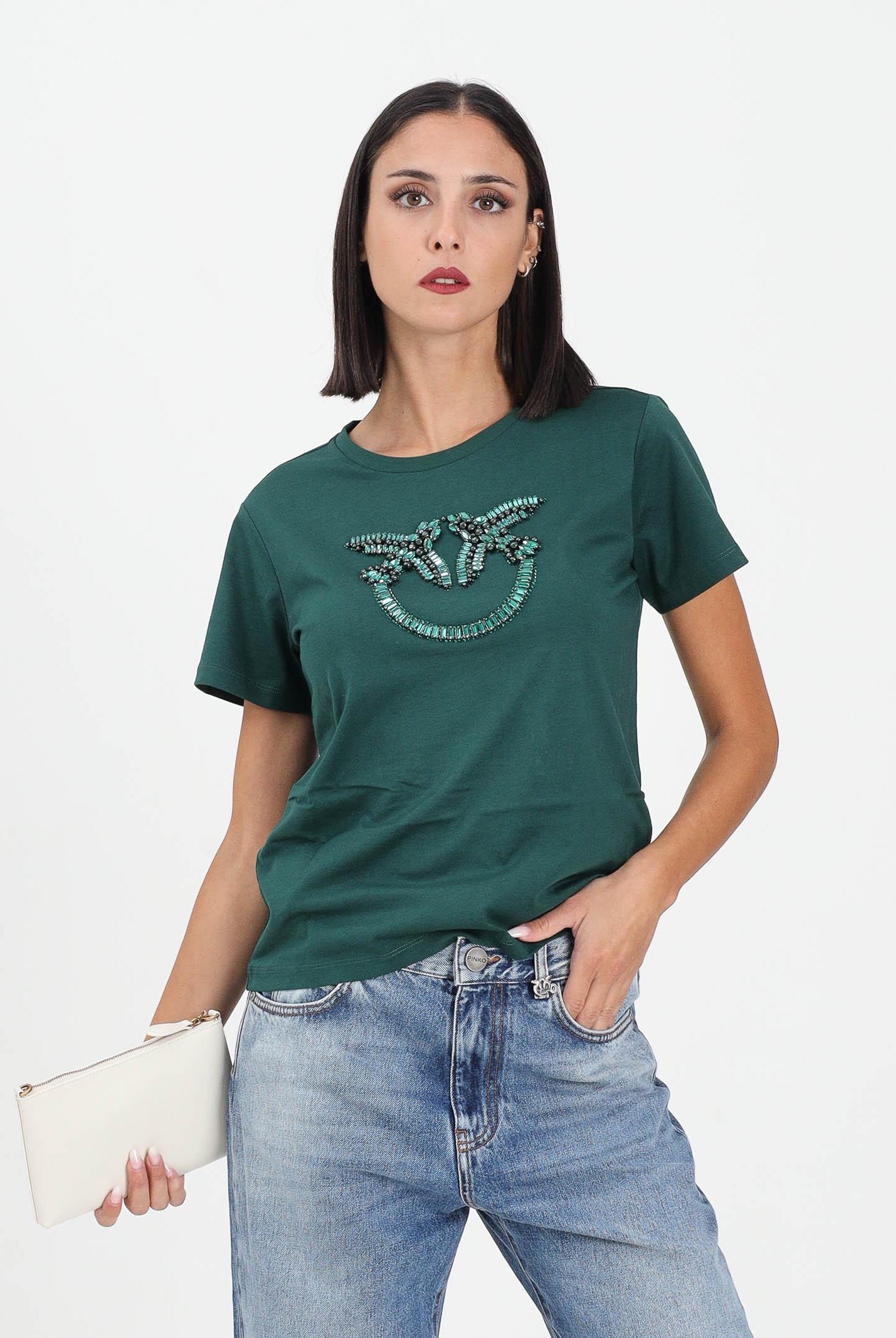 PINKO T-shirt a manica corta verde da donna con logo Love Birds 100535A2RN X79 PINKO