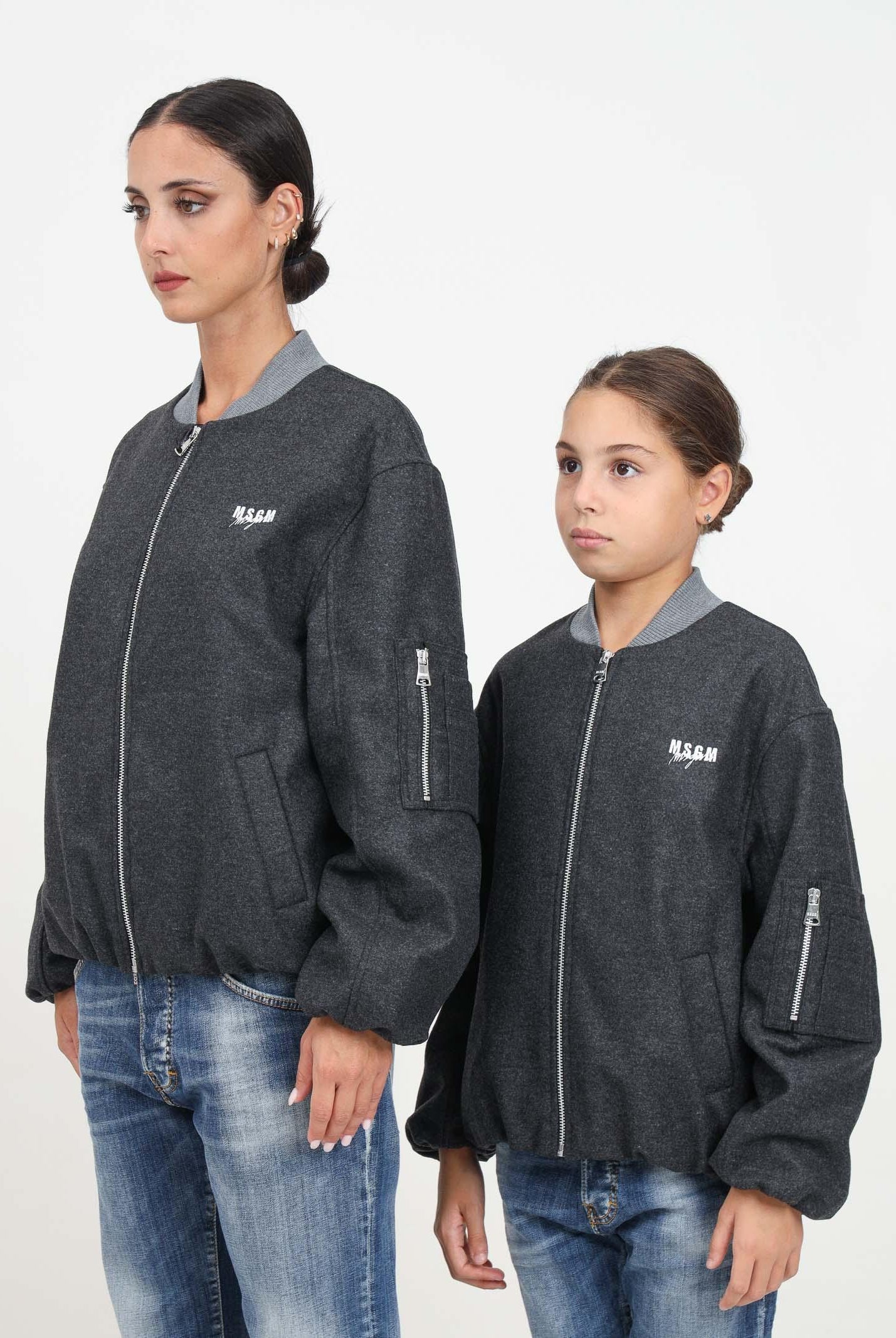 Bomber grigio per donna e bambina con piccolo ricamo logo F4MSJGBO209 101 MSGM