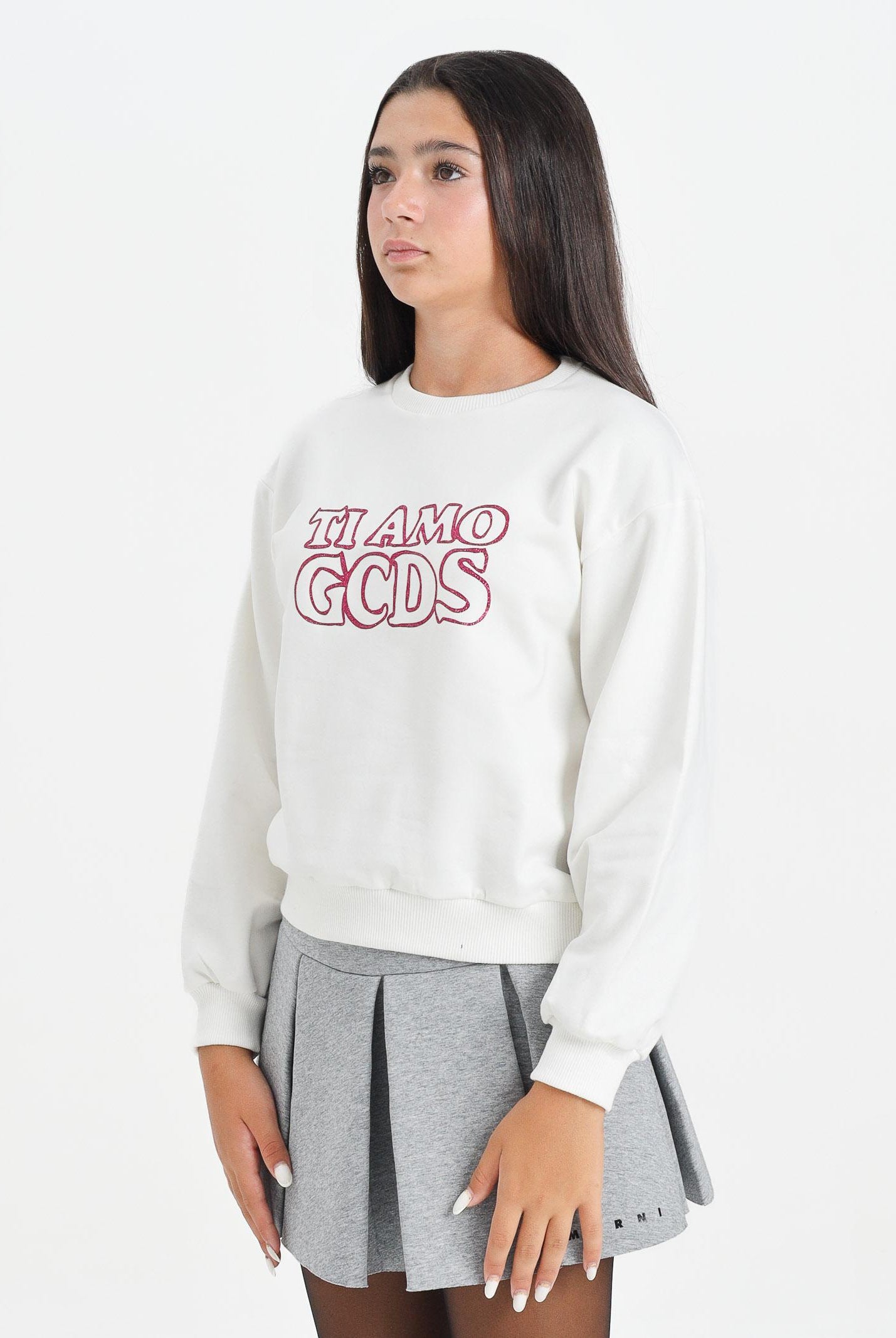 GCDS Felpa girocollo bianca per donna e ragazze con stampa in strass B2JW1532BA5 15 GCDS