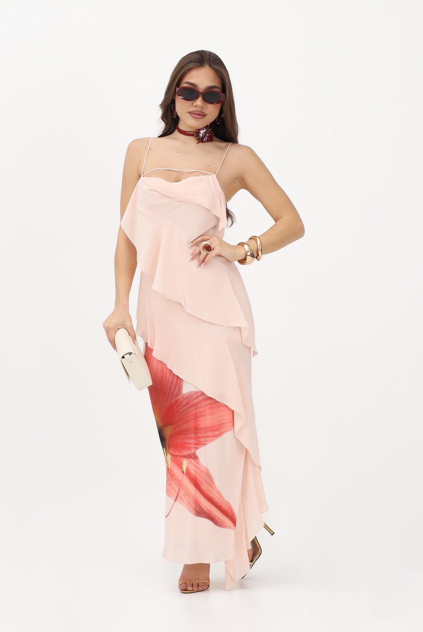 PATRIZIA PEPE Abito lungo rosa da donna con rouche e stampa Flower 2A3090A765 J510 PATRIZIA PEPE