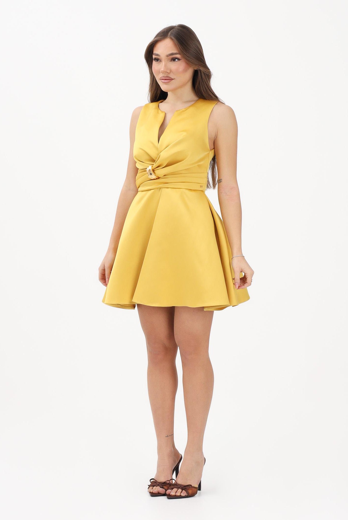 ELISABETTA FRANCHI Abito corto giallo da donna con dettaglio gioiello<BR/> AB87261E2 EV4 ELISABETTA FRANCHI