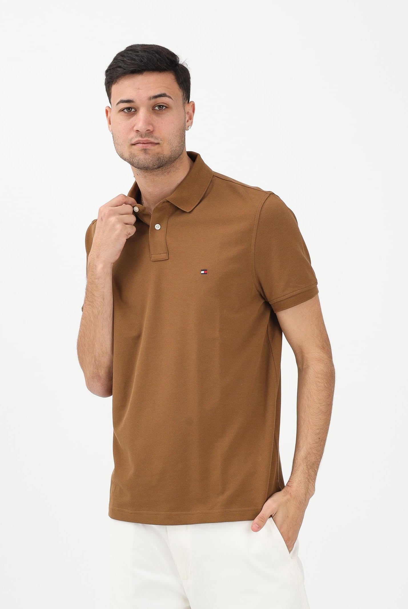 TOMMY HILFIGER Polo a manica corta khaki da uomo con logo MW0MW17770 GWP TOMMY HILFIGER