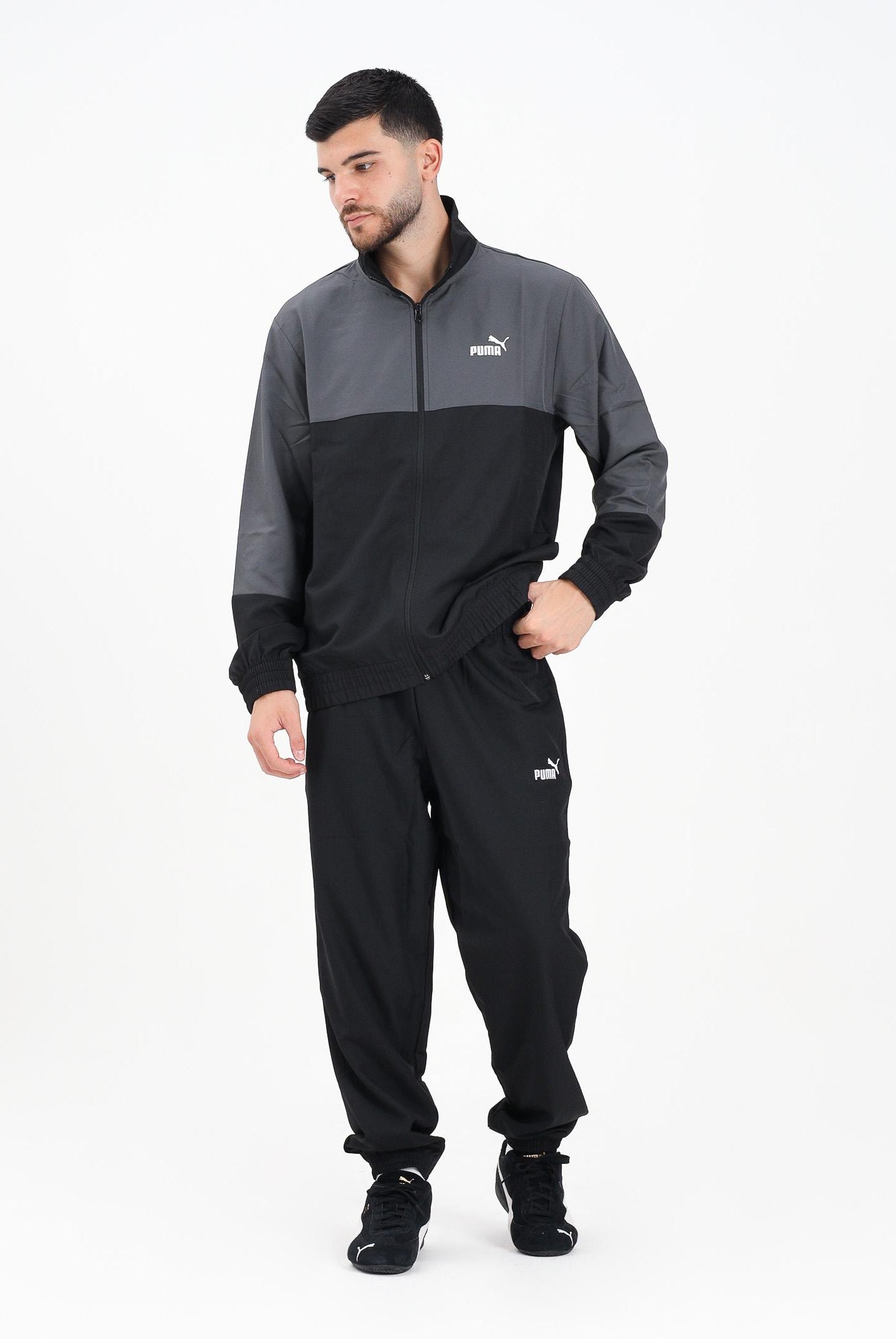 PUMA Tuta in tessuto a blocchi di colore nera e grigia da uomo 688173 01 PUMA