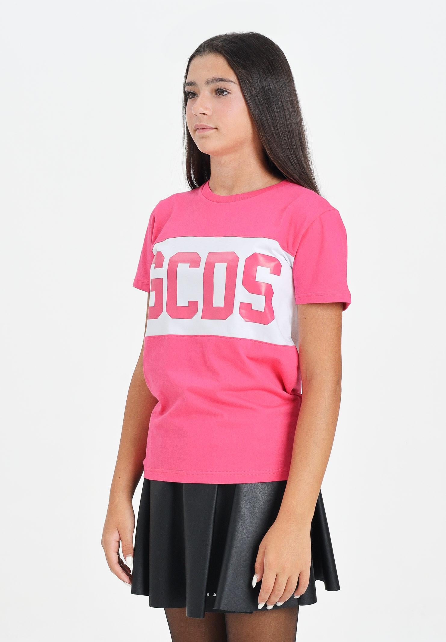 GCDS T-shirt a manica corta fucsia per donna, ragazze e bambine con fascia bianca logata B2JU2329JF1 59 GCDS