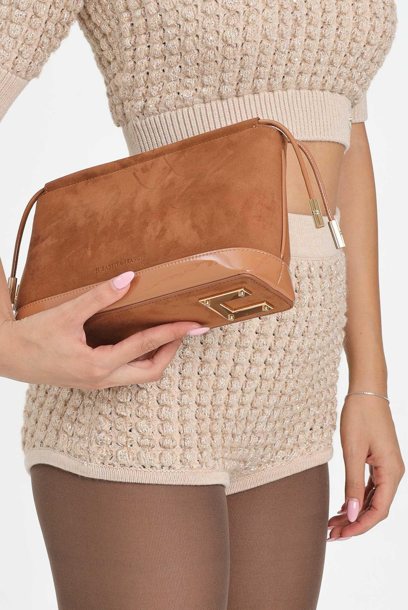 ELISABETTA FRANCHI Pochette cammello da donna realizzata in morbida pelle scamosciata BS60A57E2 EC1 ELISABETTA FRANCHI