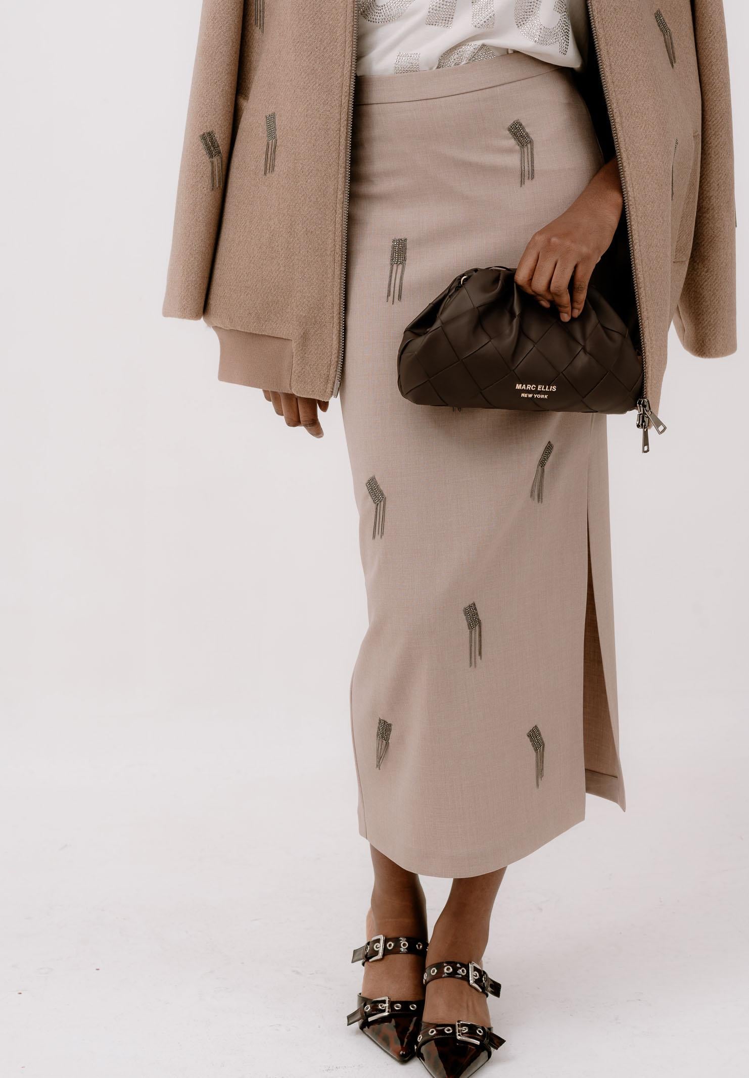 SIMONA CORSELLINI Gonna midi beige da donna con applicazioni gioiello A25CPGO01401-C00235 V0703 SIMONA CORSELLINI