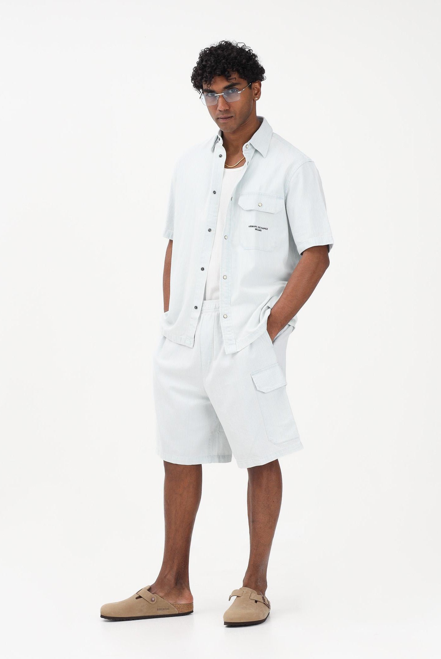 ARMANI EXCHANGE Camicia a manica corta celeste e bianca da uomo con motivo a righe XM002266AF22638 FB380 ARMANI EXCHANGE