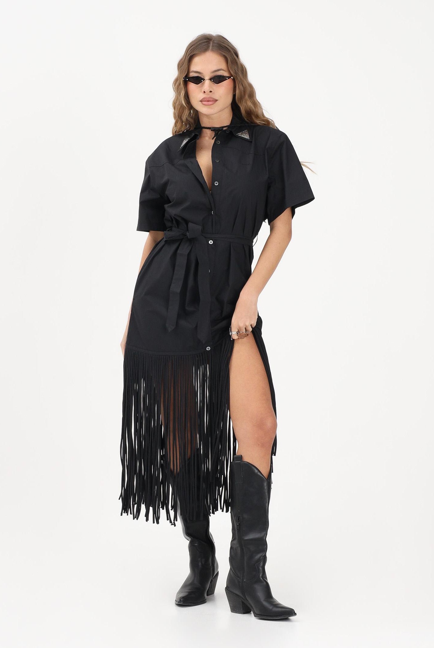 PINKO Abito midi chemisier nero da donna con frange 106827A2LD Z99 PINKO