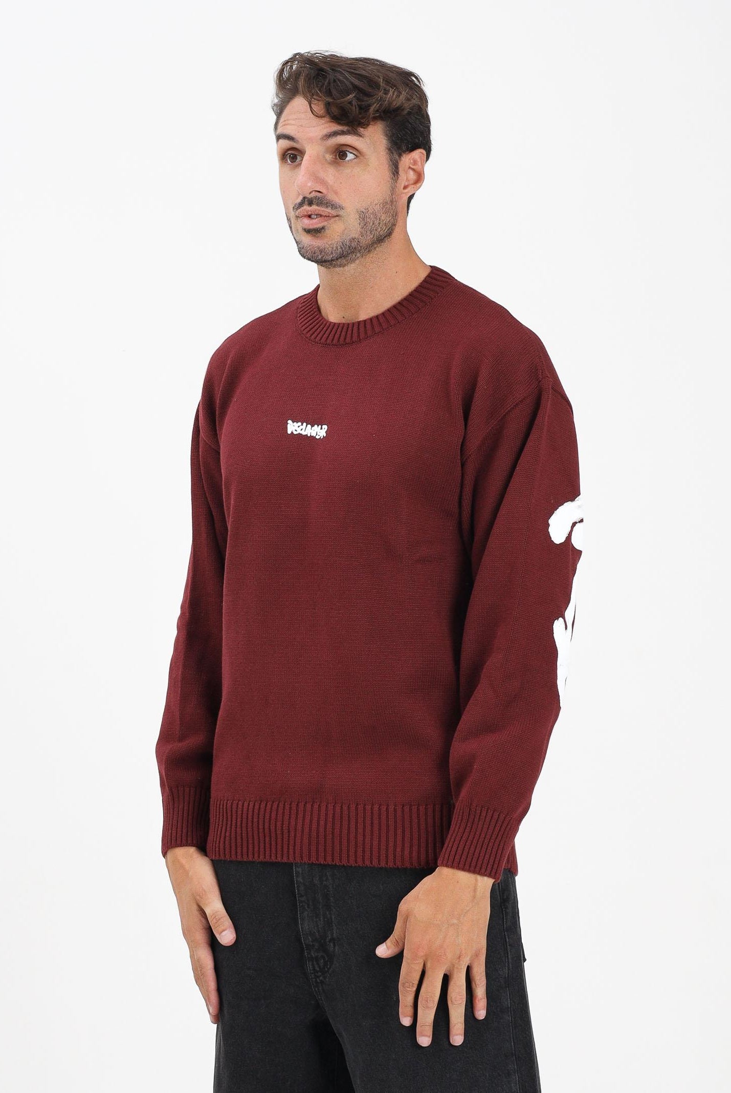 DISCLAIMER Maglioncino girocollo bordeaux da uomo con stampa logo 25IDS55116 BO DISCLAIMER