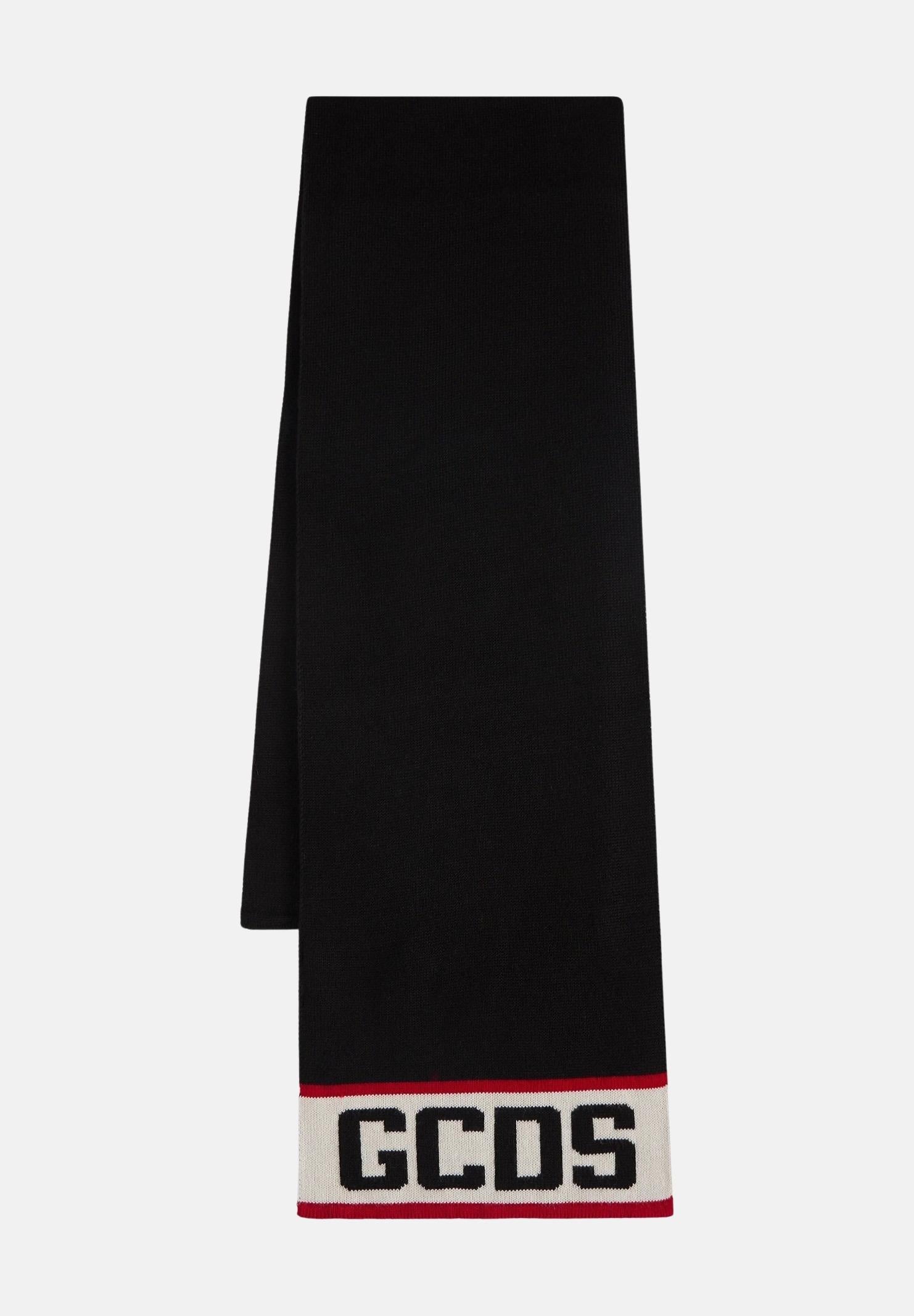 GCDS sciarpa nera per uomo o donna con banda centrale e logo a contrasto B2CU5901K19 99 GCDS