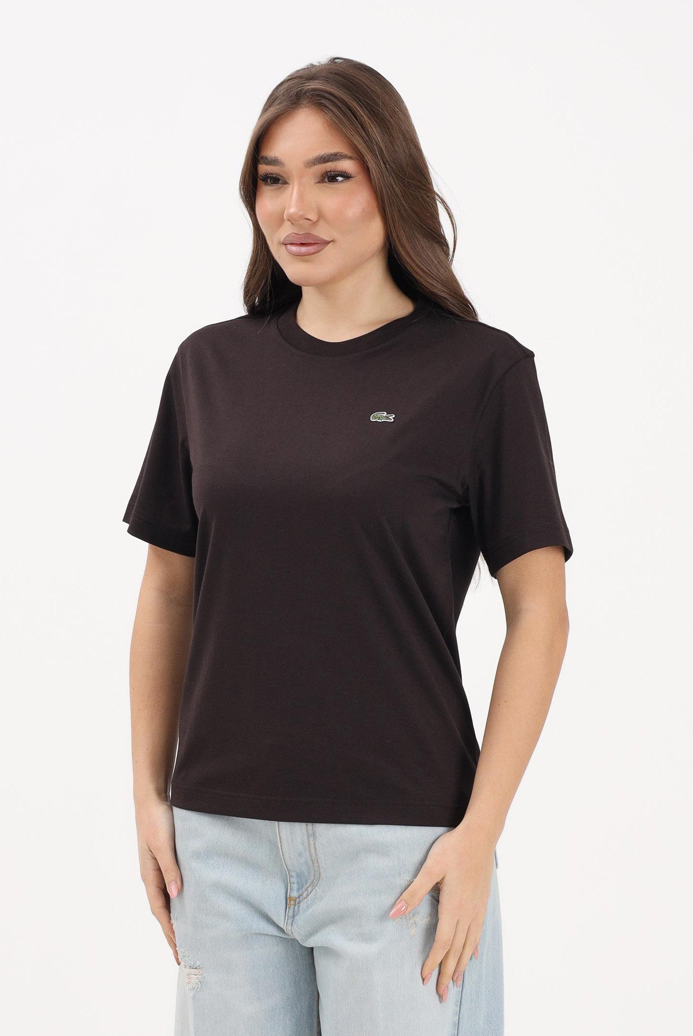 LACOSTE T-shirt a manica corta marrone da donna con patch logo TF7215 3LA LACOSTE