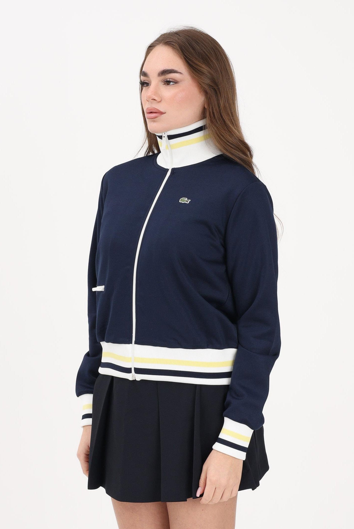 LACOSTE Felpa con zip blu da donna rifinita da orli a contrasto e logo SF5252 0PW LACOSTE