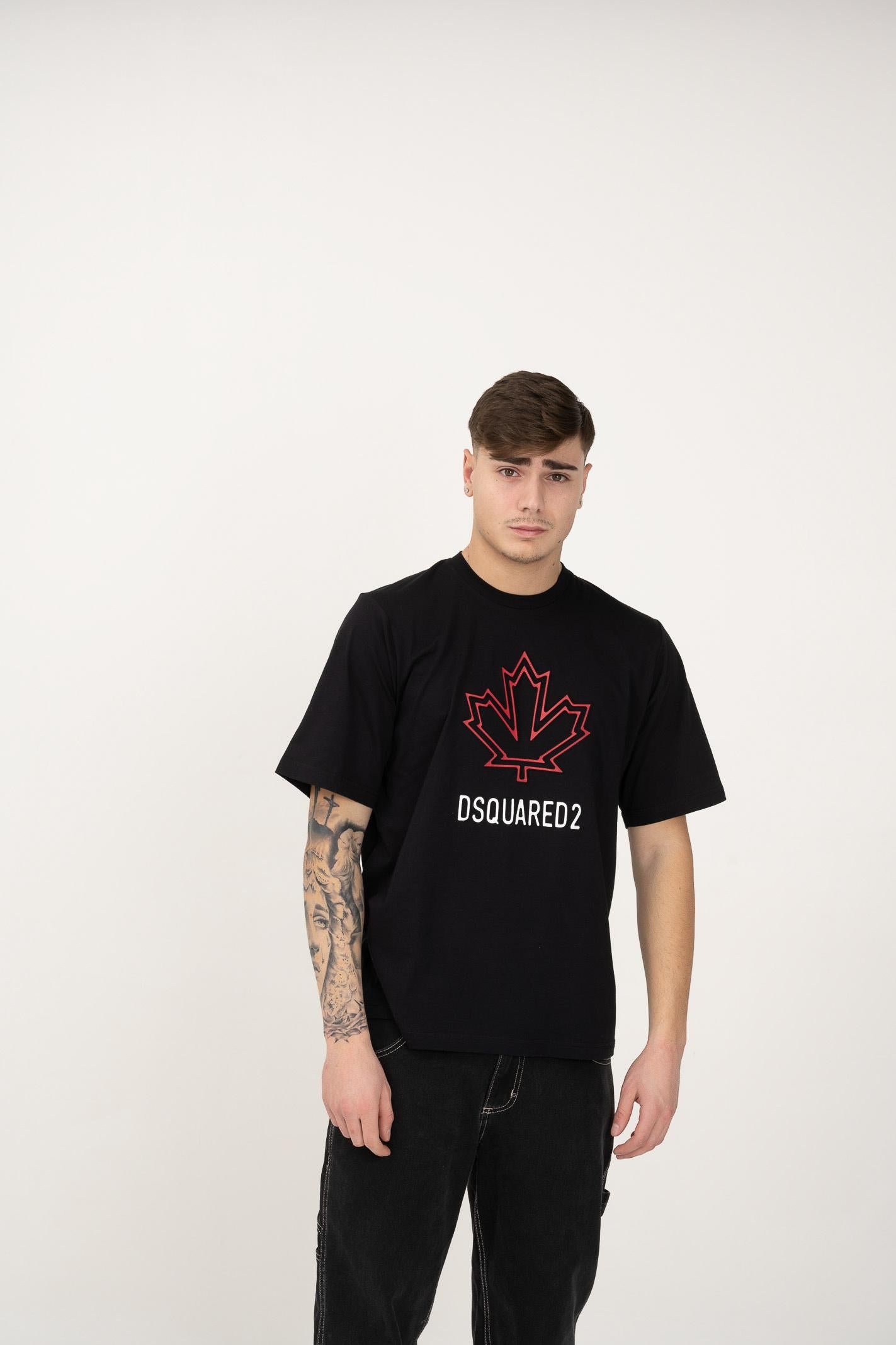 DSQUARED2 T-shirt a manica corta nera per donna, ragazzi e bambini con logo Maple Leaf DQ2770D0015 DQ900 DSQUARED2