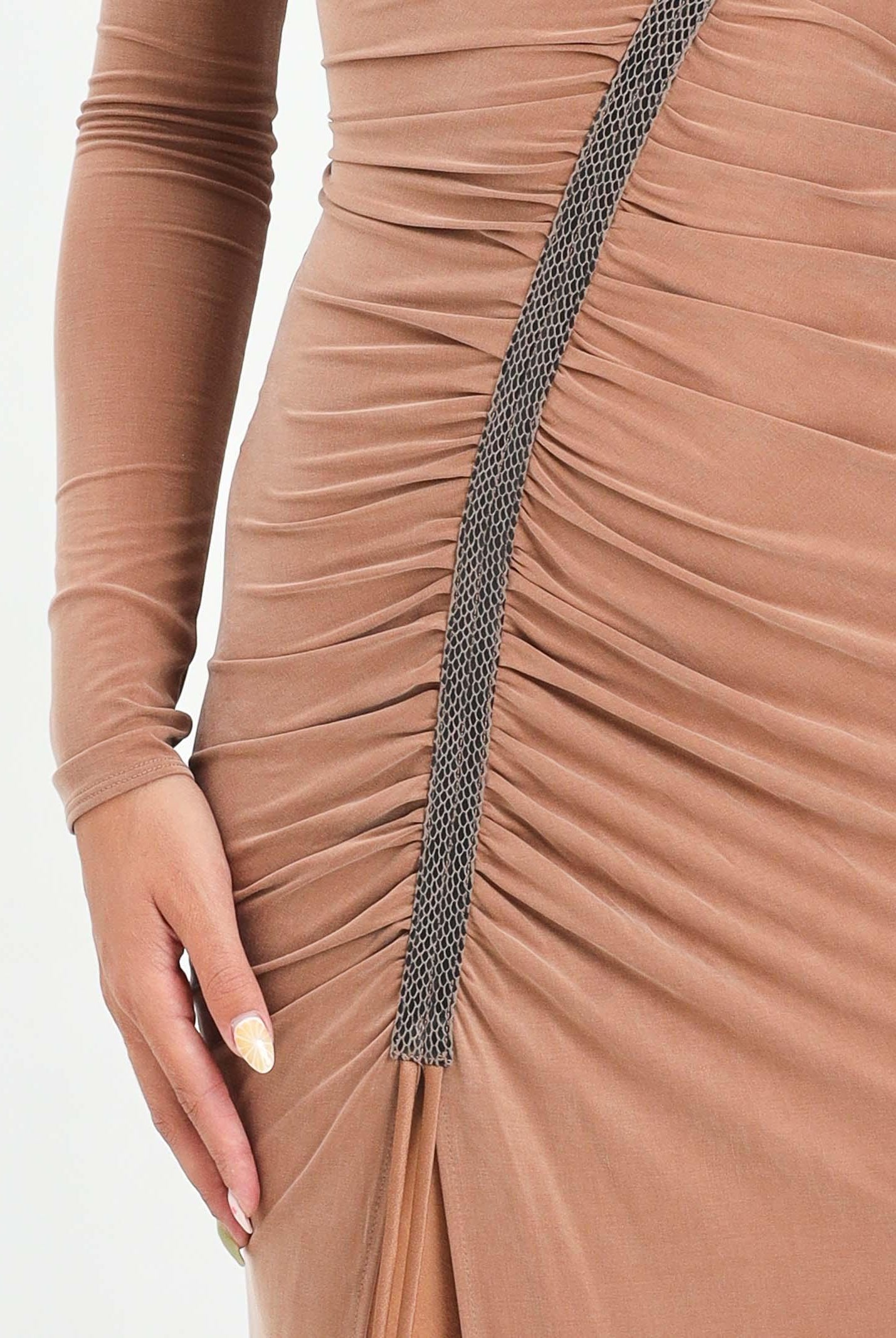 ELISABETTA FRANCHI Abito lungo beige da donna in jersey cupro con dettagli in pitone<BR/> ABR0957E2 EC1 ELISABETTA FRANCHI