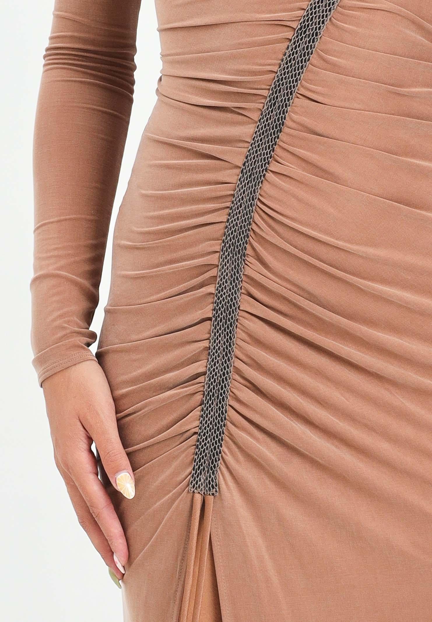 ELISABETTA FRANCHI Abito lungo beige da donna in jersey cupro con dettagli in pitone<BR/> ABR0957E2 EC1 ELISABETTA FRANCHI