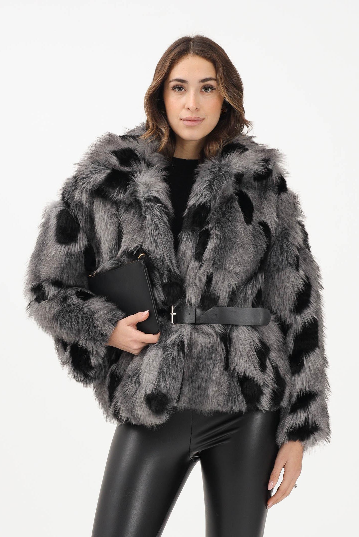 VICOLO Pelliccia grigia e nera da donna con cintura TF1691 GR VICOLO