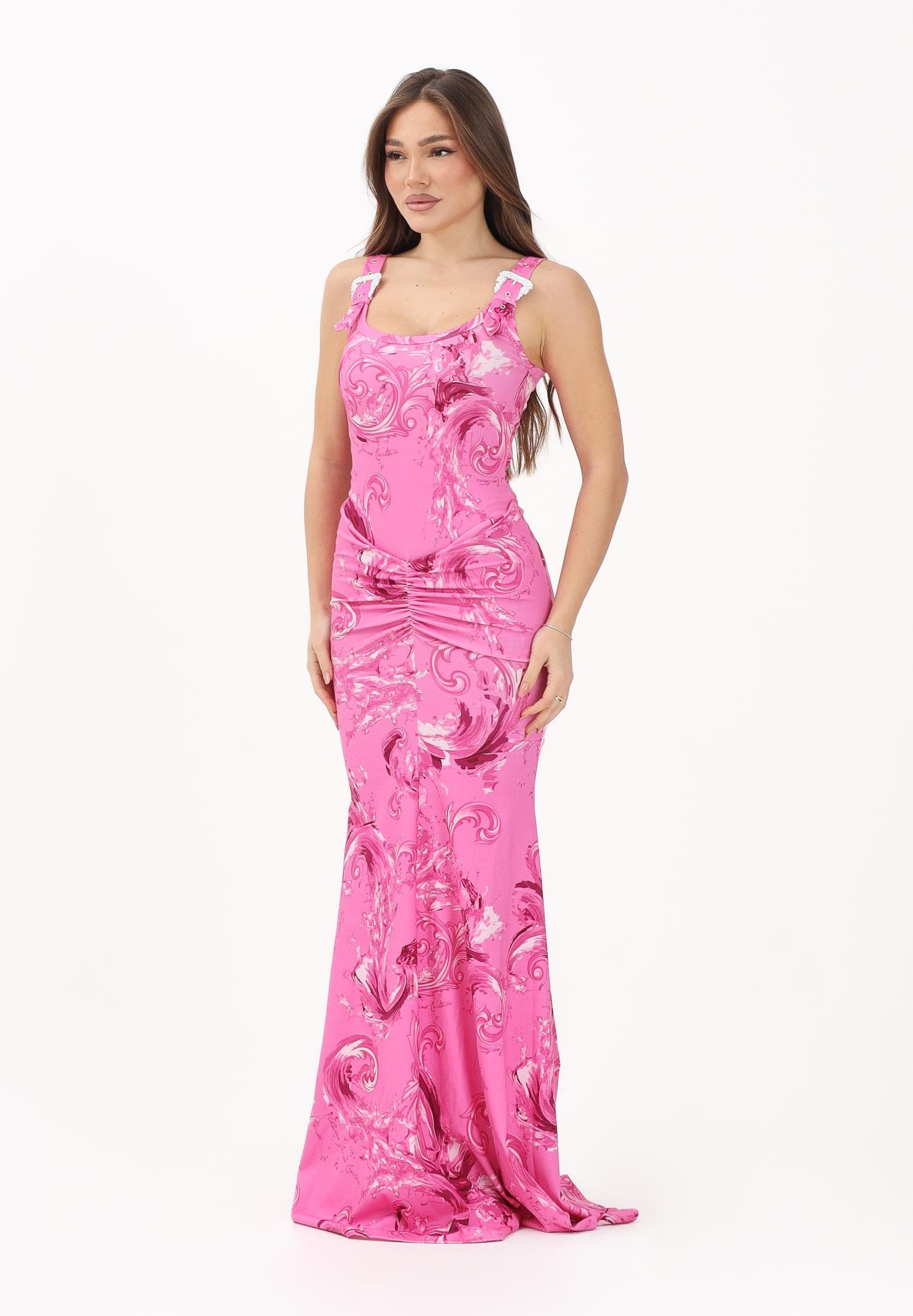 VERSACE JEANS COUTURE Abito lungo fucsia da donna con stampa Wave Couture 80HAO970JS550 499 VERSACE JEANS COUTURE