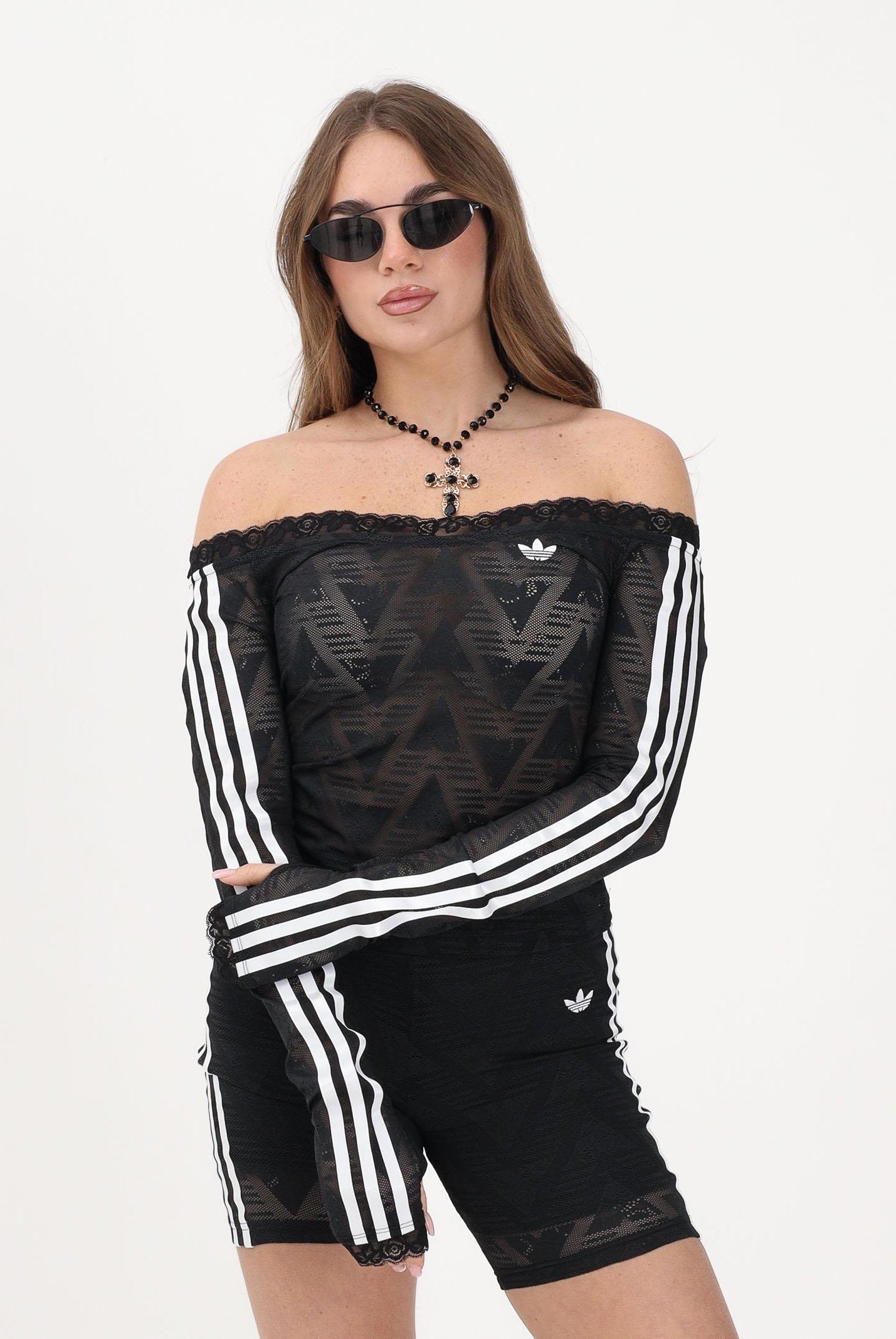 ADIDAS ORIGINALS Top a manica lunga Lace Bardot nero da donna<BR/> KD0350 . ADIDAS ORIGINALS